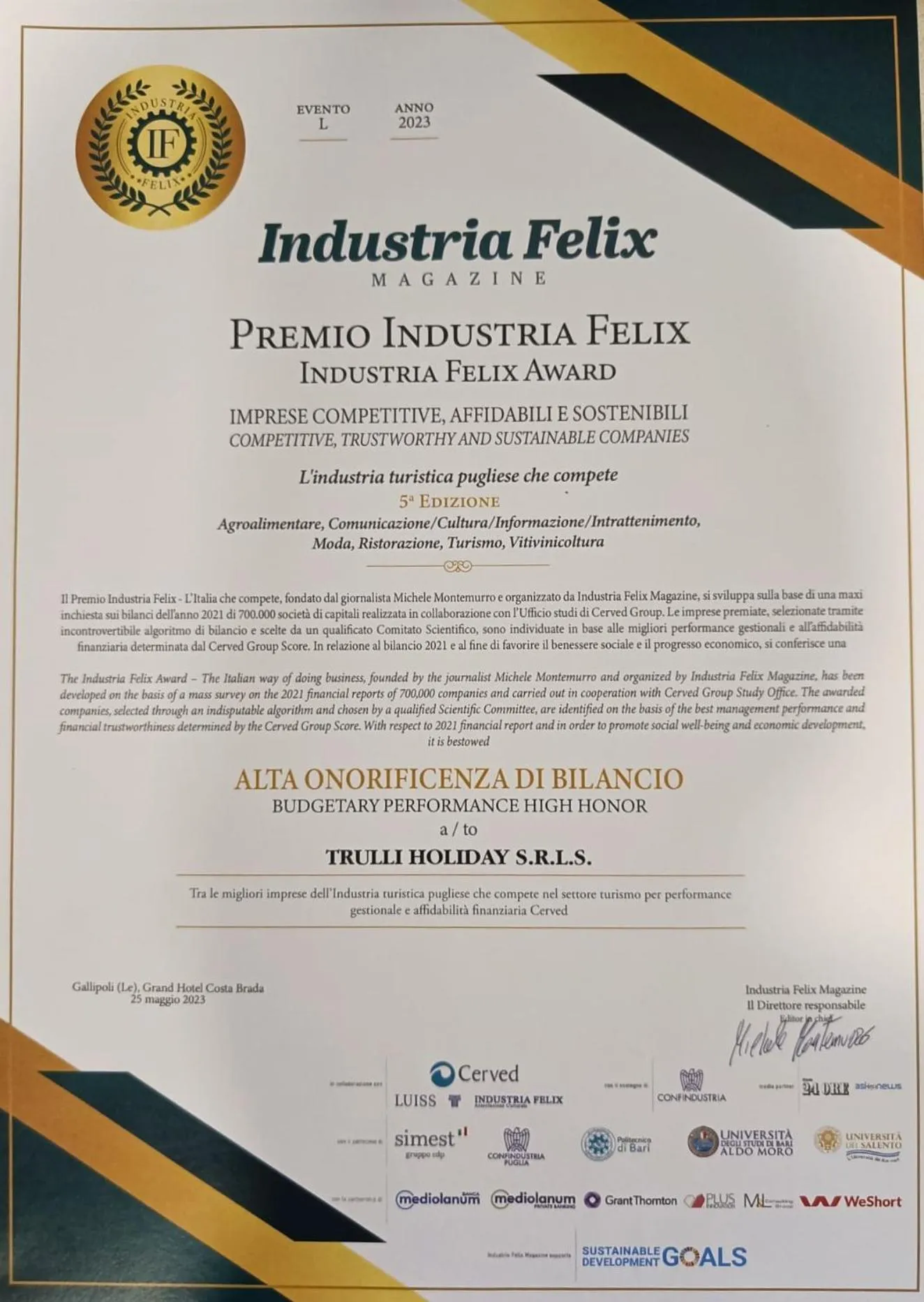 Certificate/Award in Trulli Holiday Albergo Diffuso
