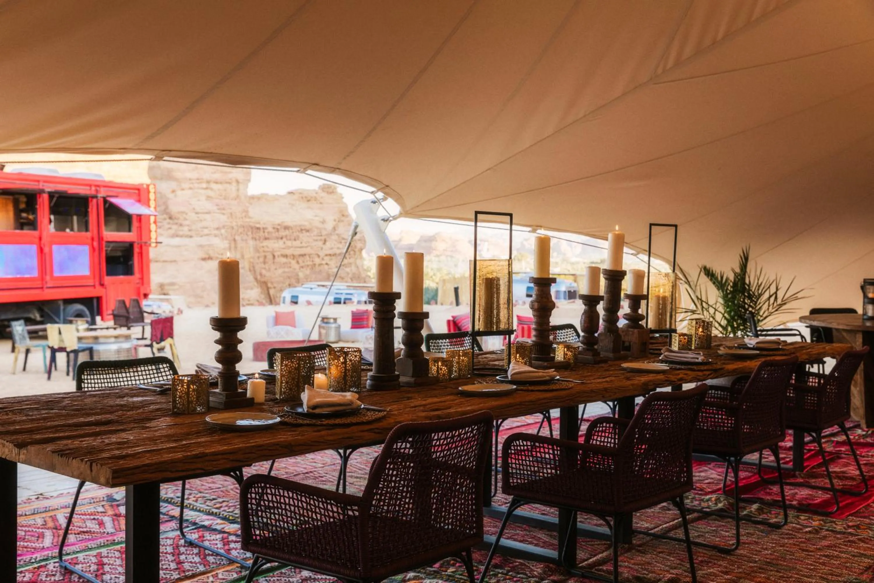 Dining area in Caravan AlUla by Our Habitas