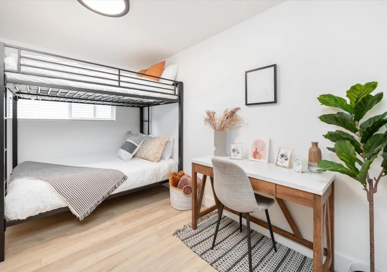 Bedroom, Bed in Mid Century Modern Boise-River Bungalow w/ Hot Tub