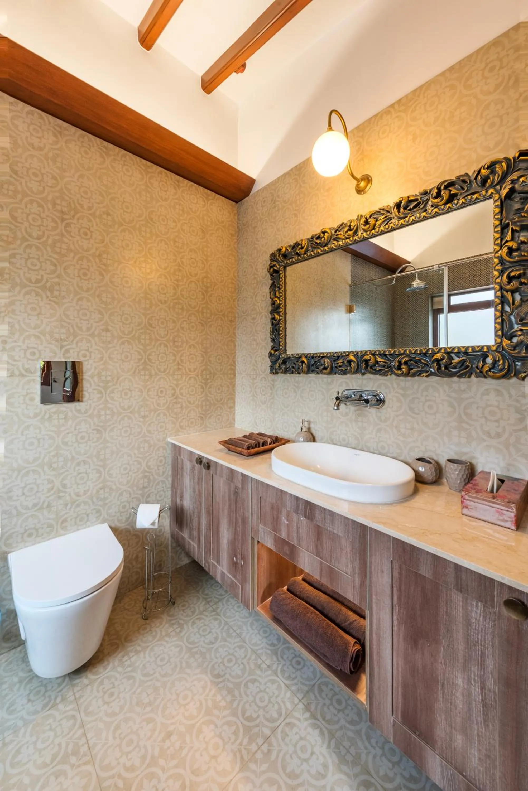 Toilet in SaffronStays Casa Del Palms - 8BR luxury pool villa with gazebo, pickleball, bar & lawns near Nagaon Beach