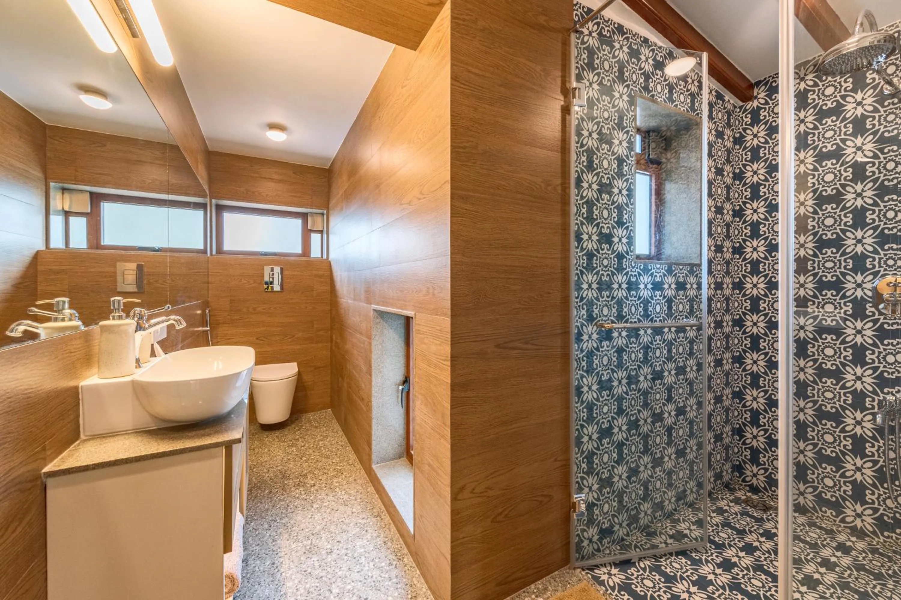 Shower in SaffronStays Casa Del Palms - 8BR luxury pool villa with gazebo, pickleball, bar & lawns near Nagaon Beach