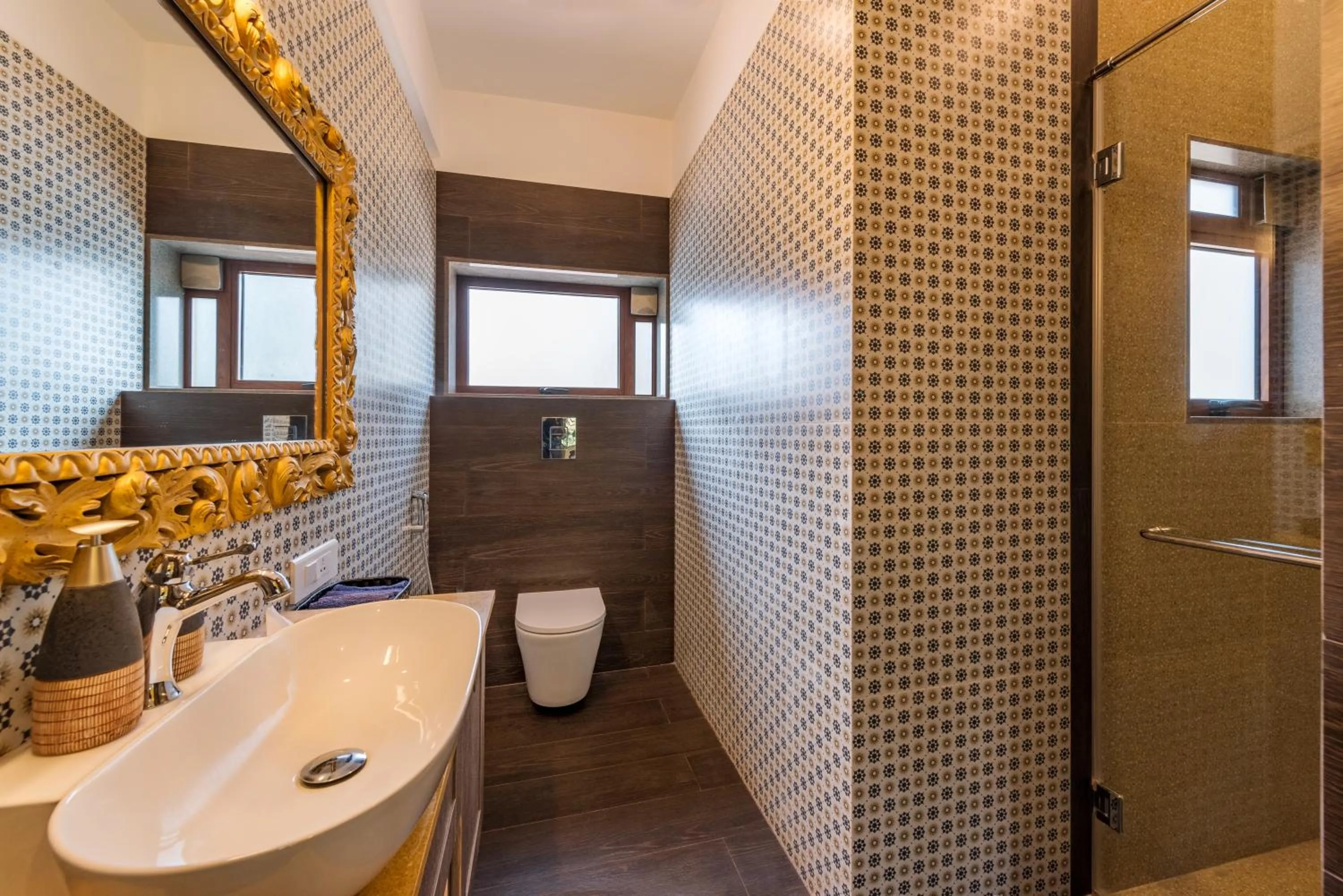 Shower in SaffronStays Casa Del Palms - 8BR luxury pool villa with gazebo, pickleball, bar & lawns near Nagaon Beach