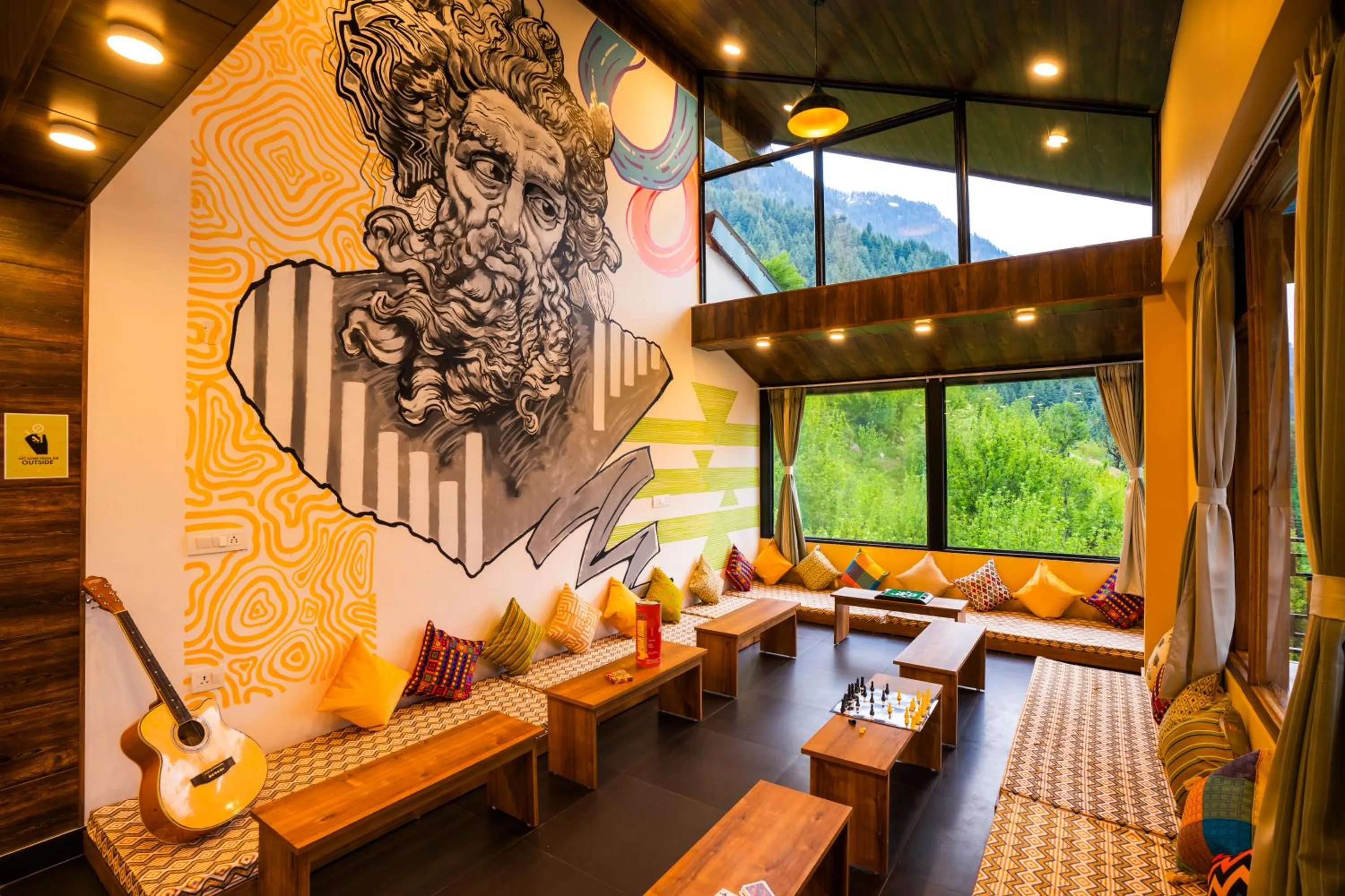 Seating area in Zostel Manali, Vashisht