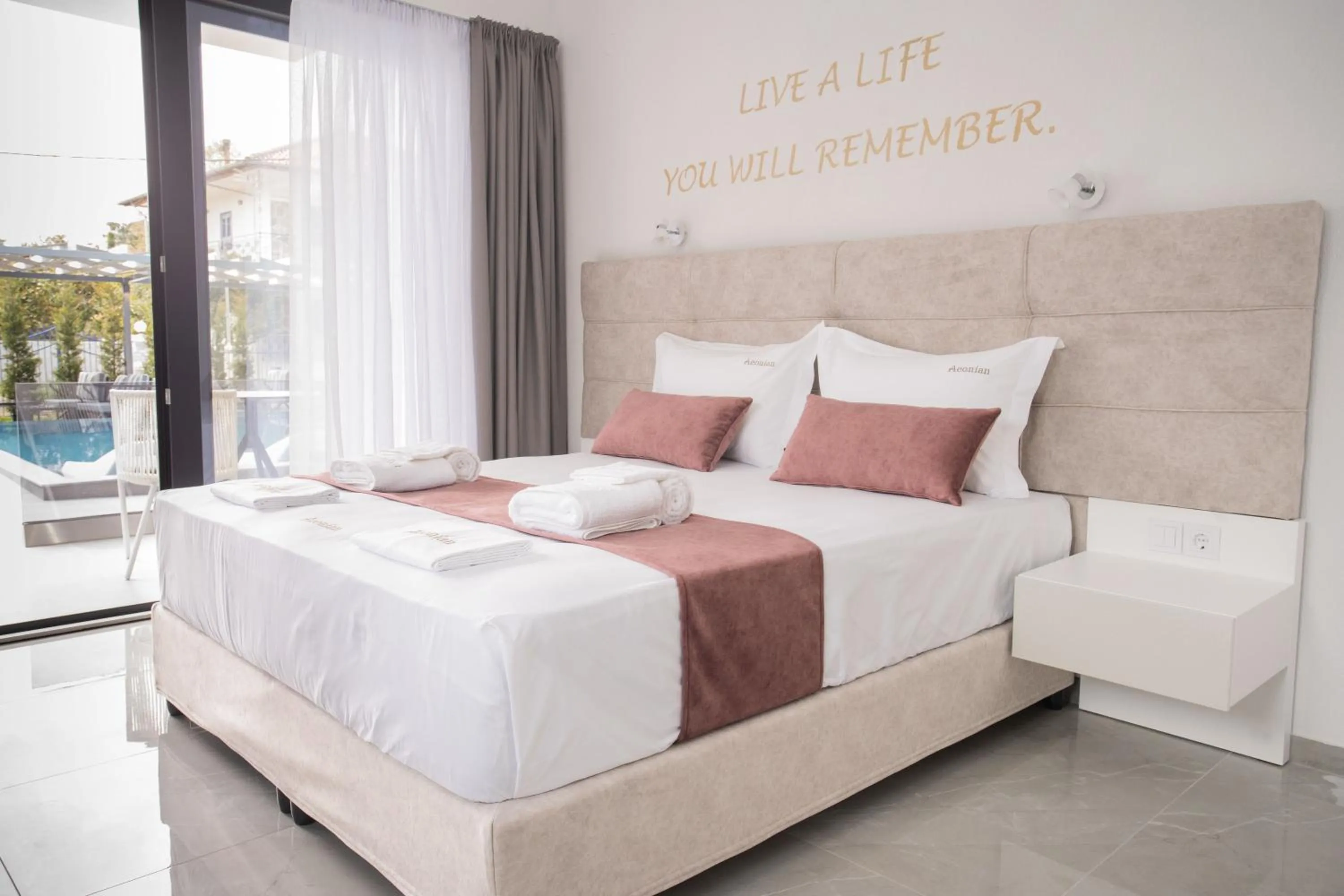 Bed in Aeonian Luxury Suites Asprovalta, Adults Only & Kids 12 Plus