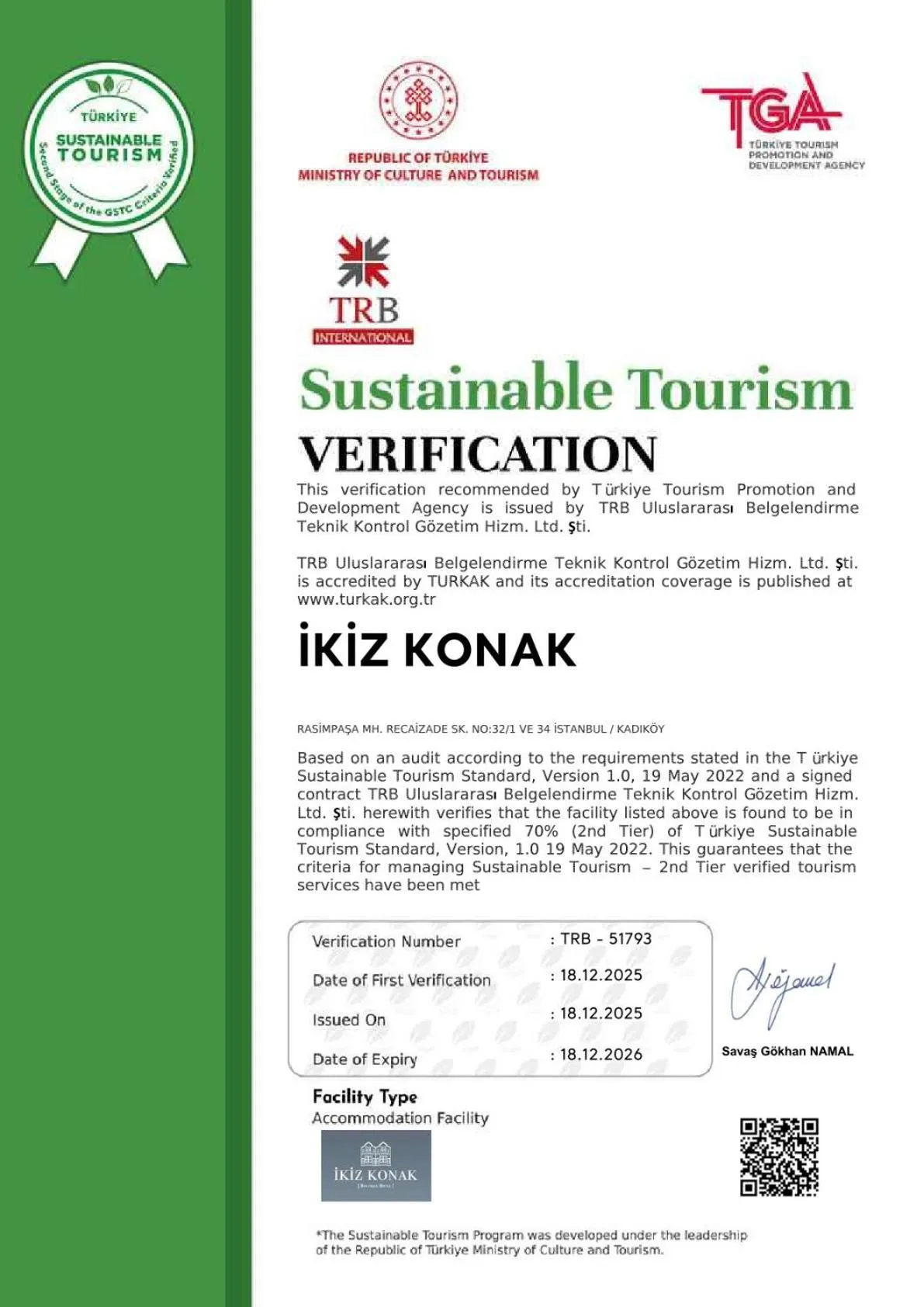Certificate/Award in İkiz Konak Boutique Hotel