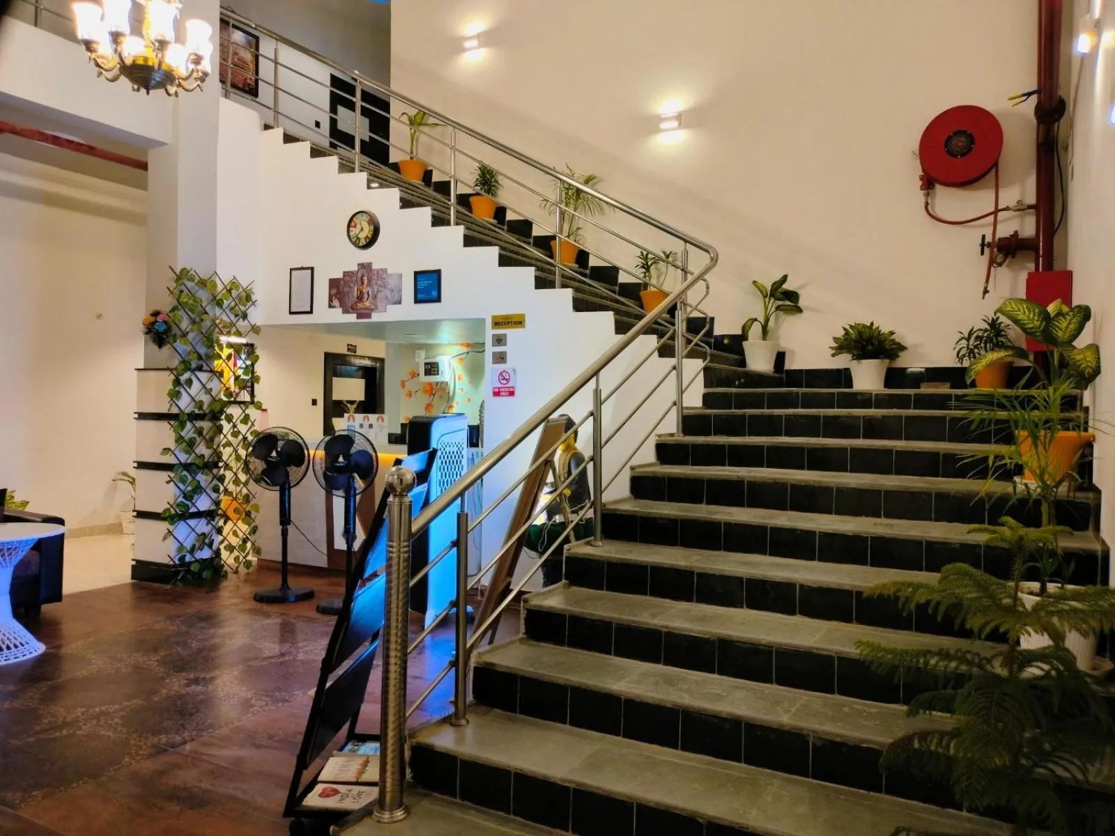 Lobby or reception in Hotel Buddha Park near Sarnath, Varanasi