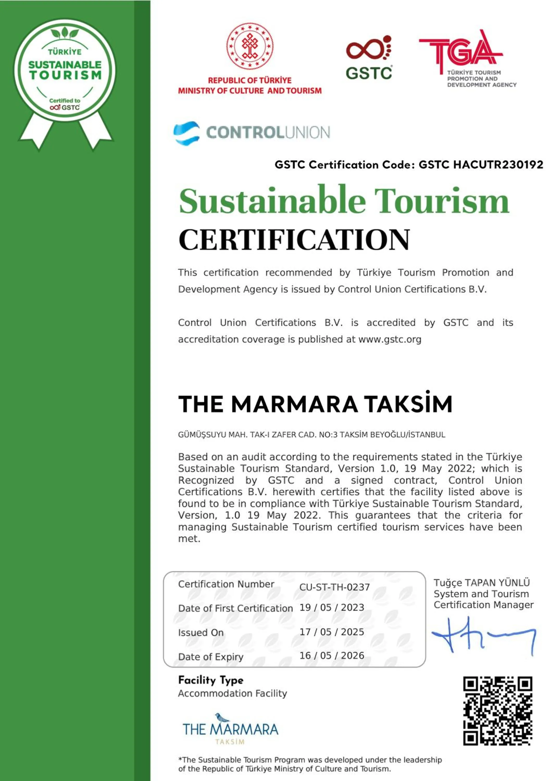 Certificate/Award in The Marmara Taksim