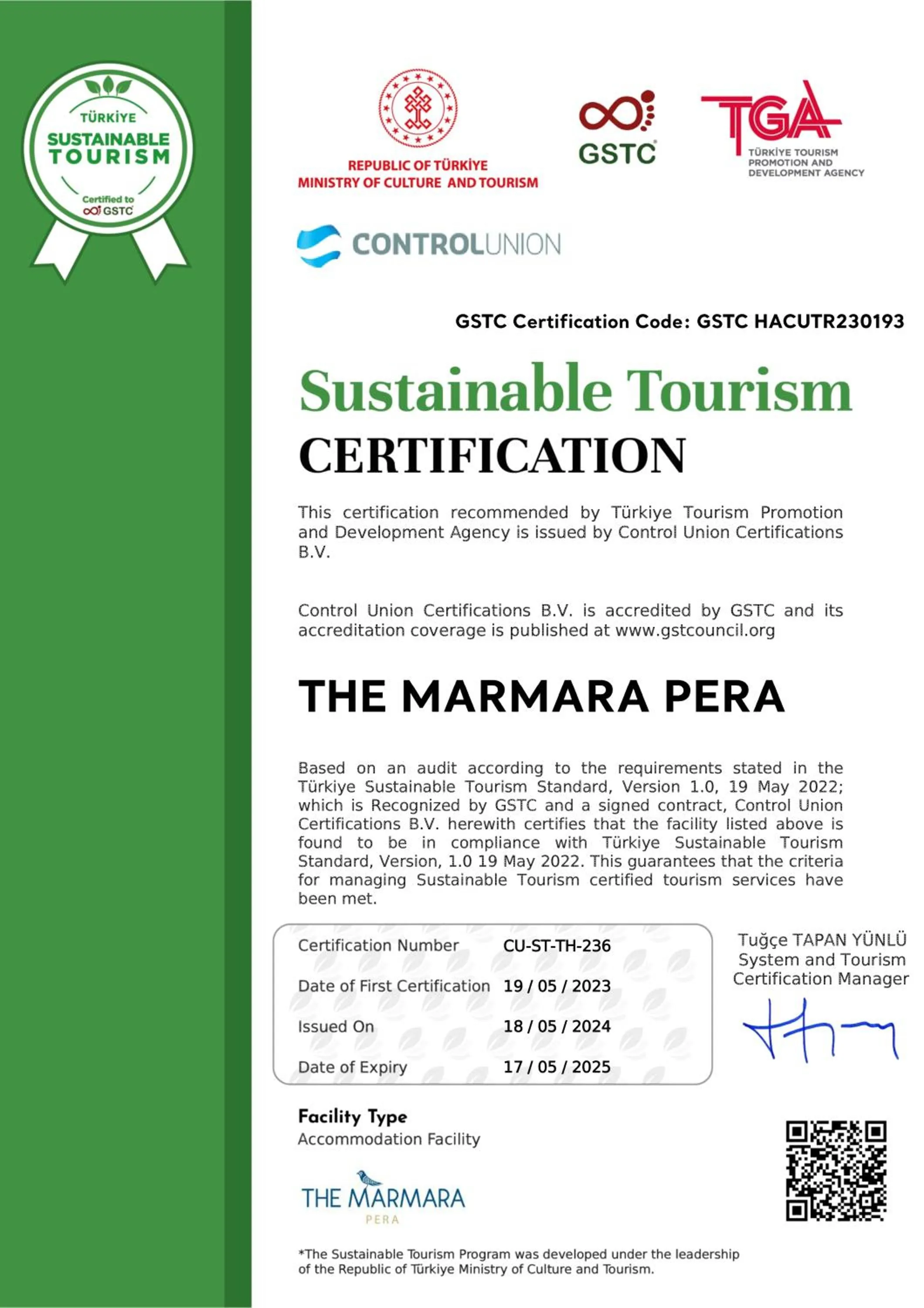 Certificate/Award in The Marmara Pera