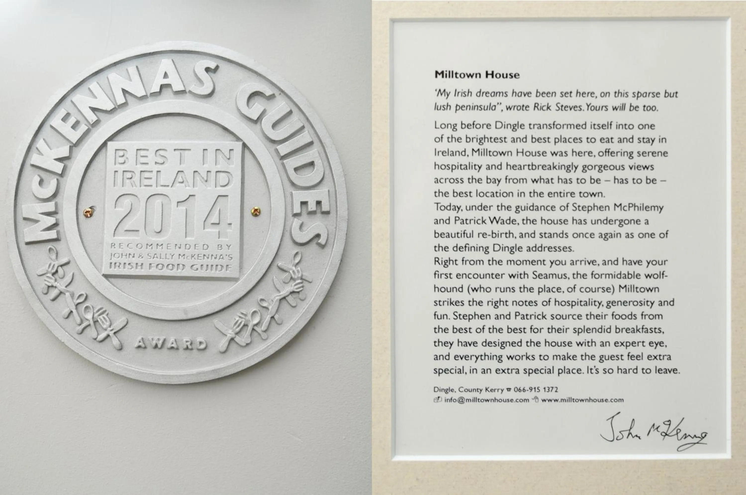 Logo/Certificate/Sign in Milltown House Dingle