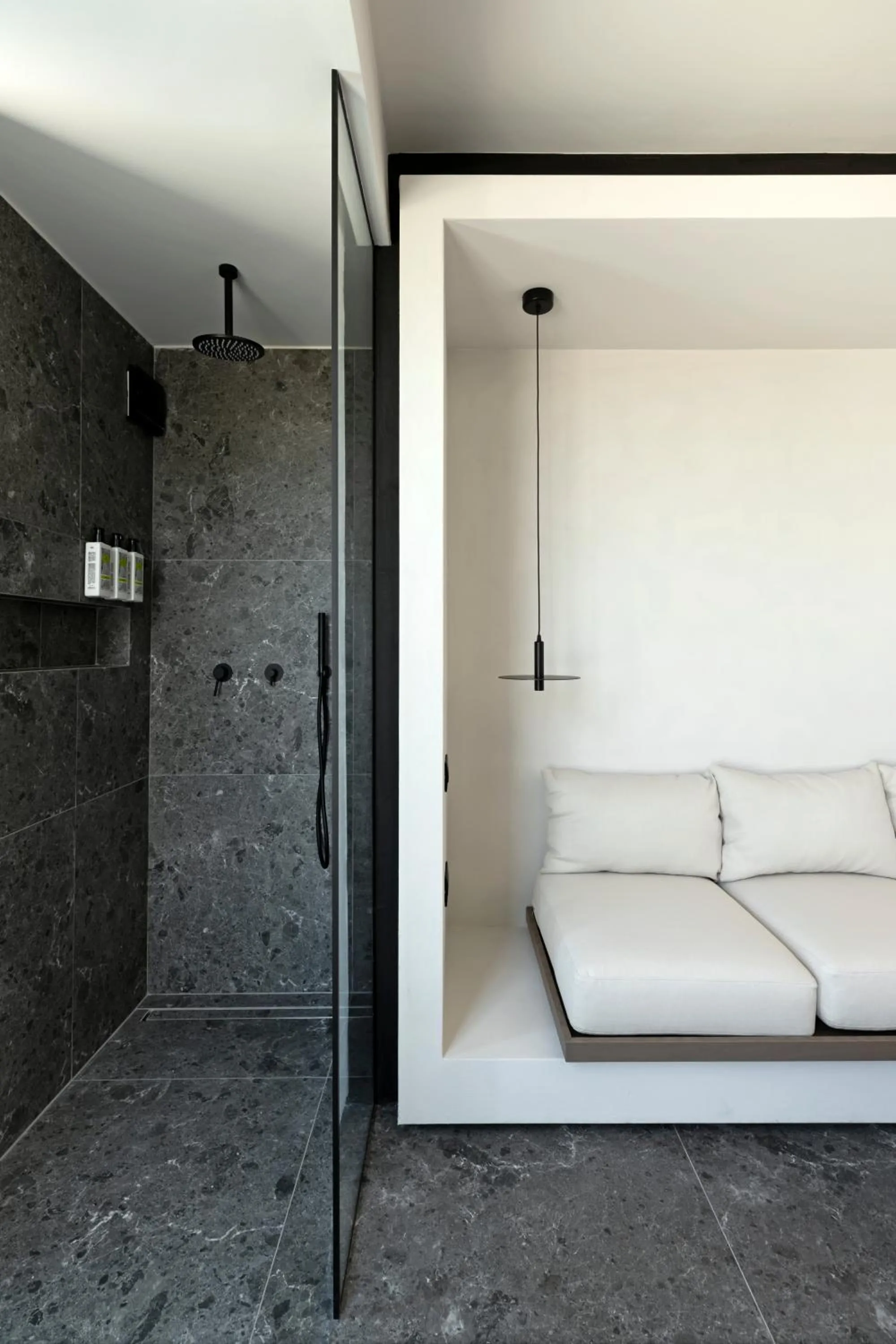 Seating area in CUBIC Mykonos Seafront Design Suites