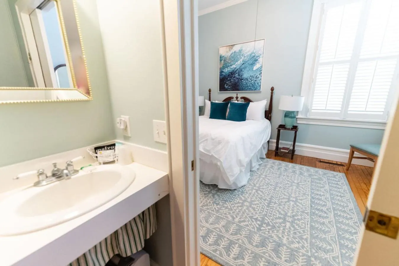 Bathroom, Bed in The Edenton Collection-Captain's Quarters Inn
