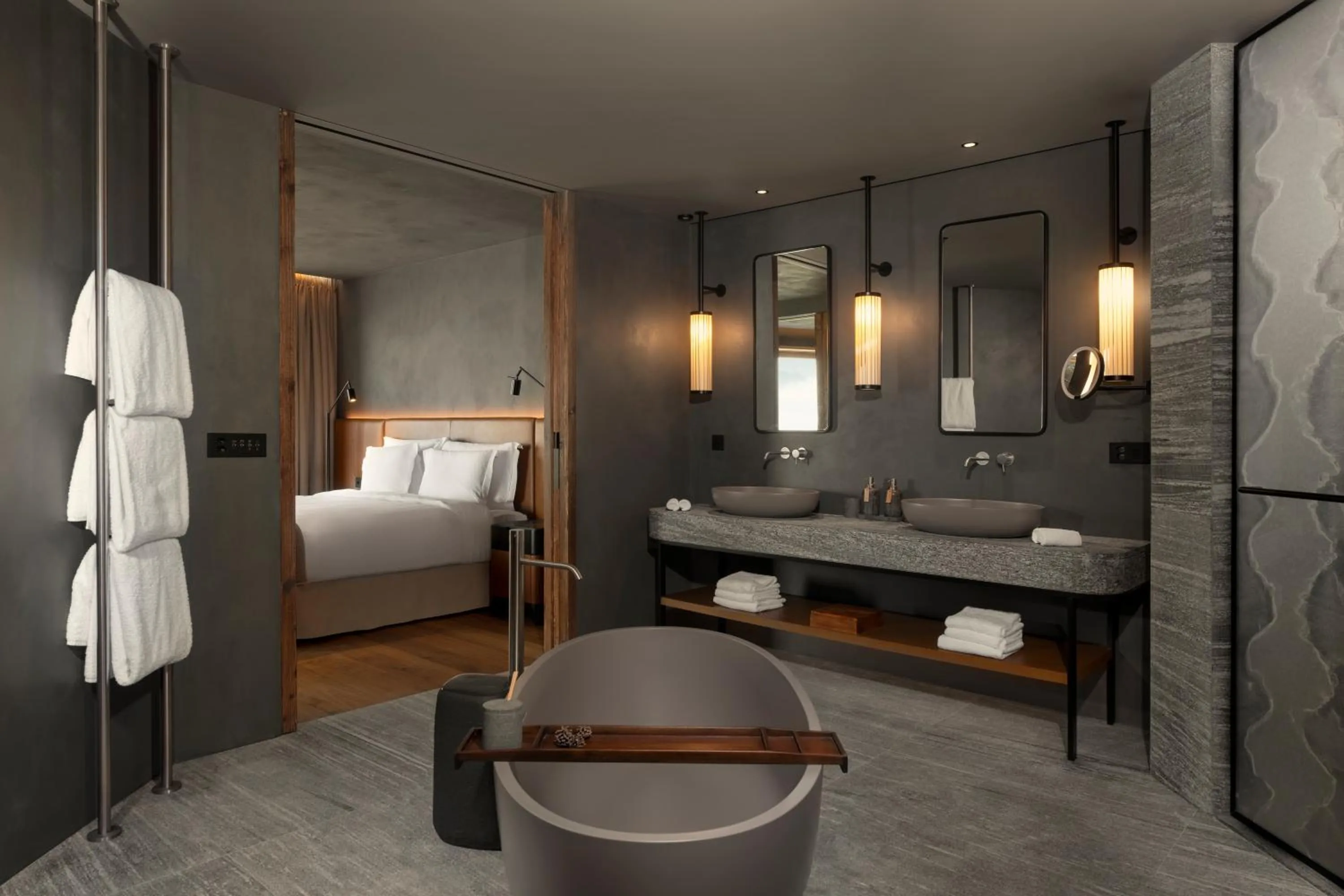 Bathroom, Bed in Six Senses Crans-Montana