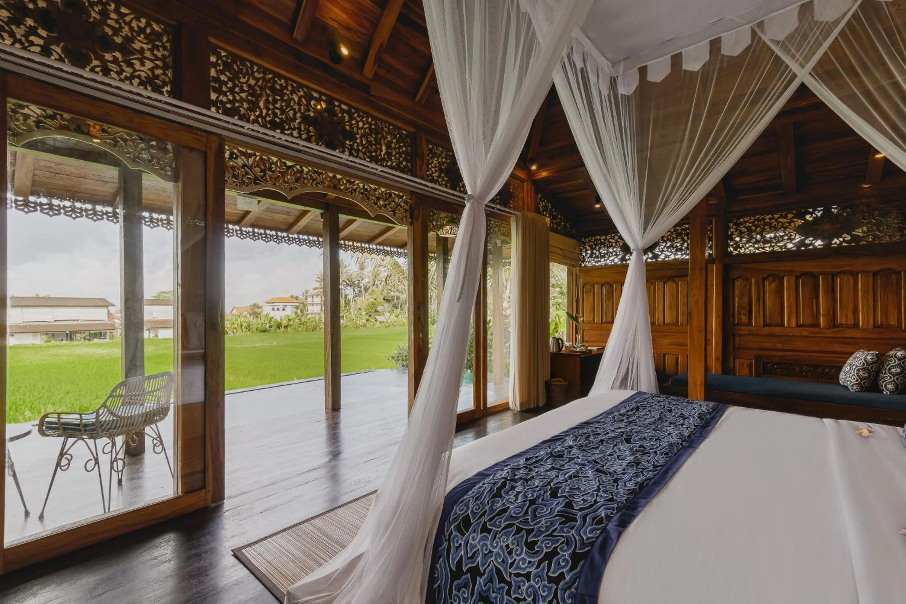 Balcony/Terrace, Bed in Airsania Ubud Antique Villas