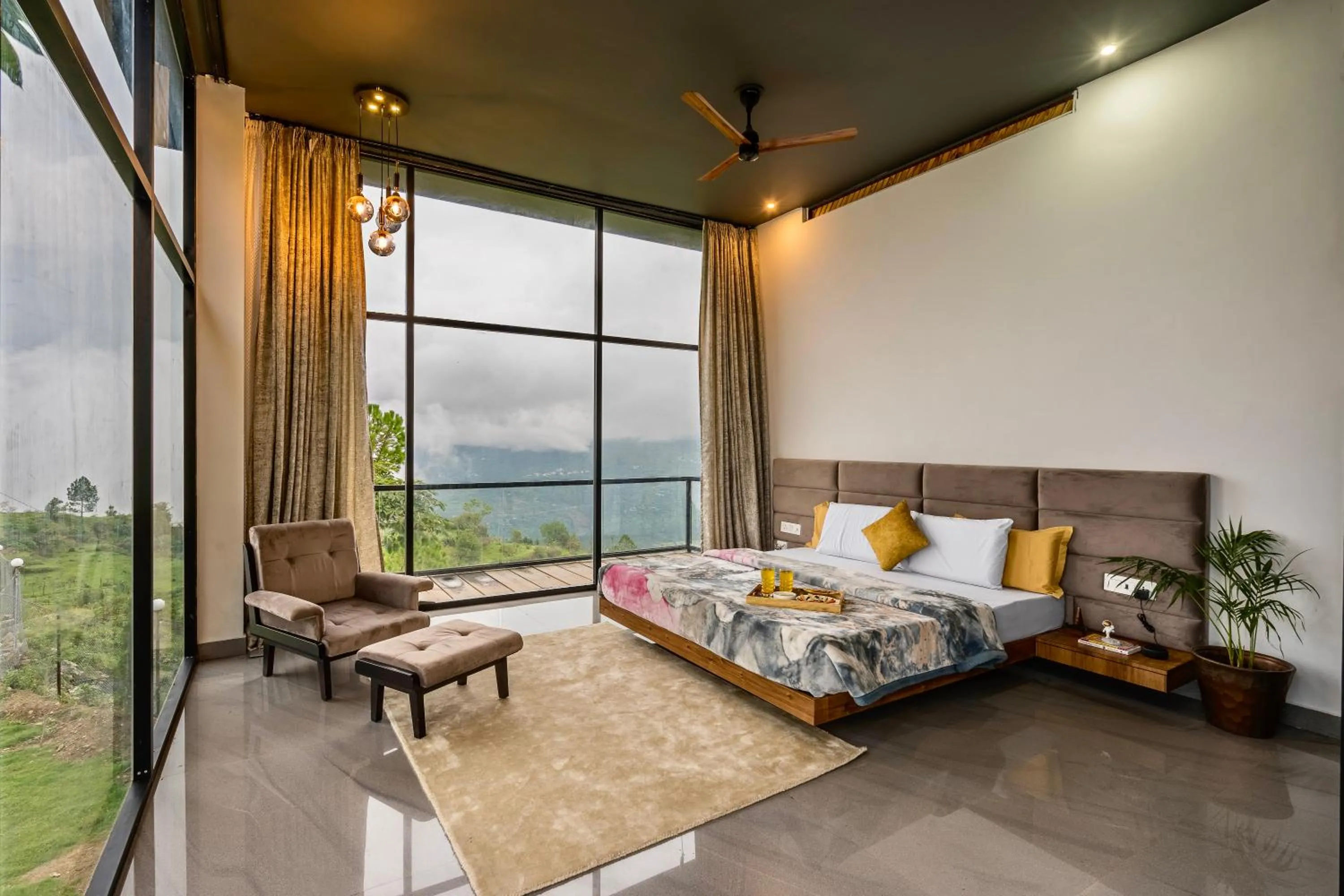 Bed in SaffronStays Glasshouse Celeste, Ranikhet - luxurious glass villa with breathtaking views
