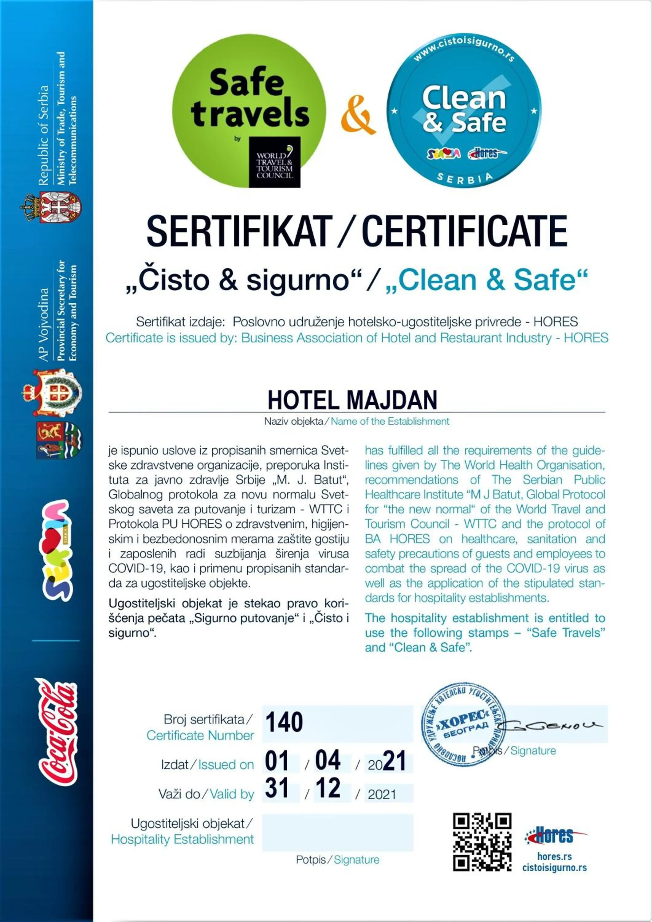 Certificate/Award in Hotel Majdan