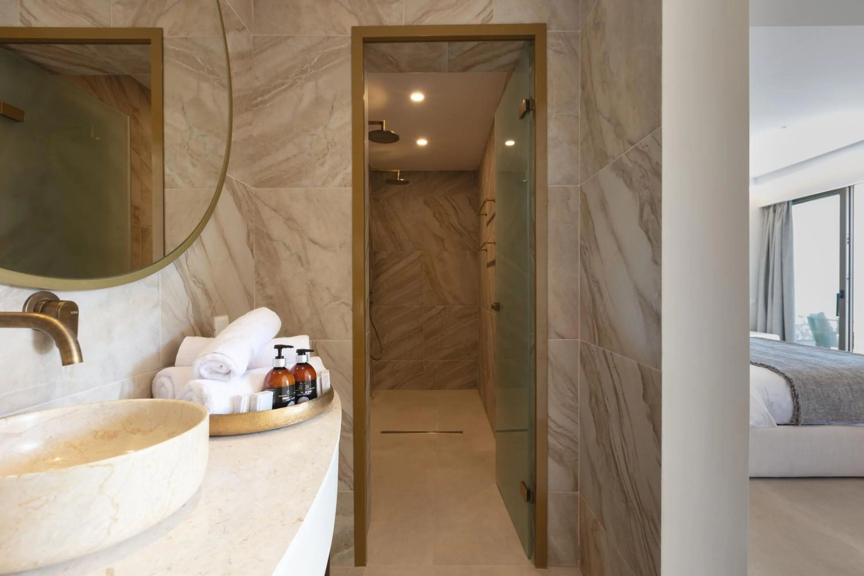 Bathroom, Bed in Naiades Boutique Hotel - Adults Only