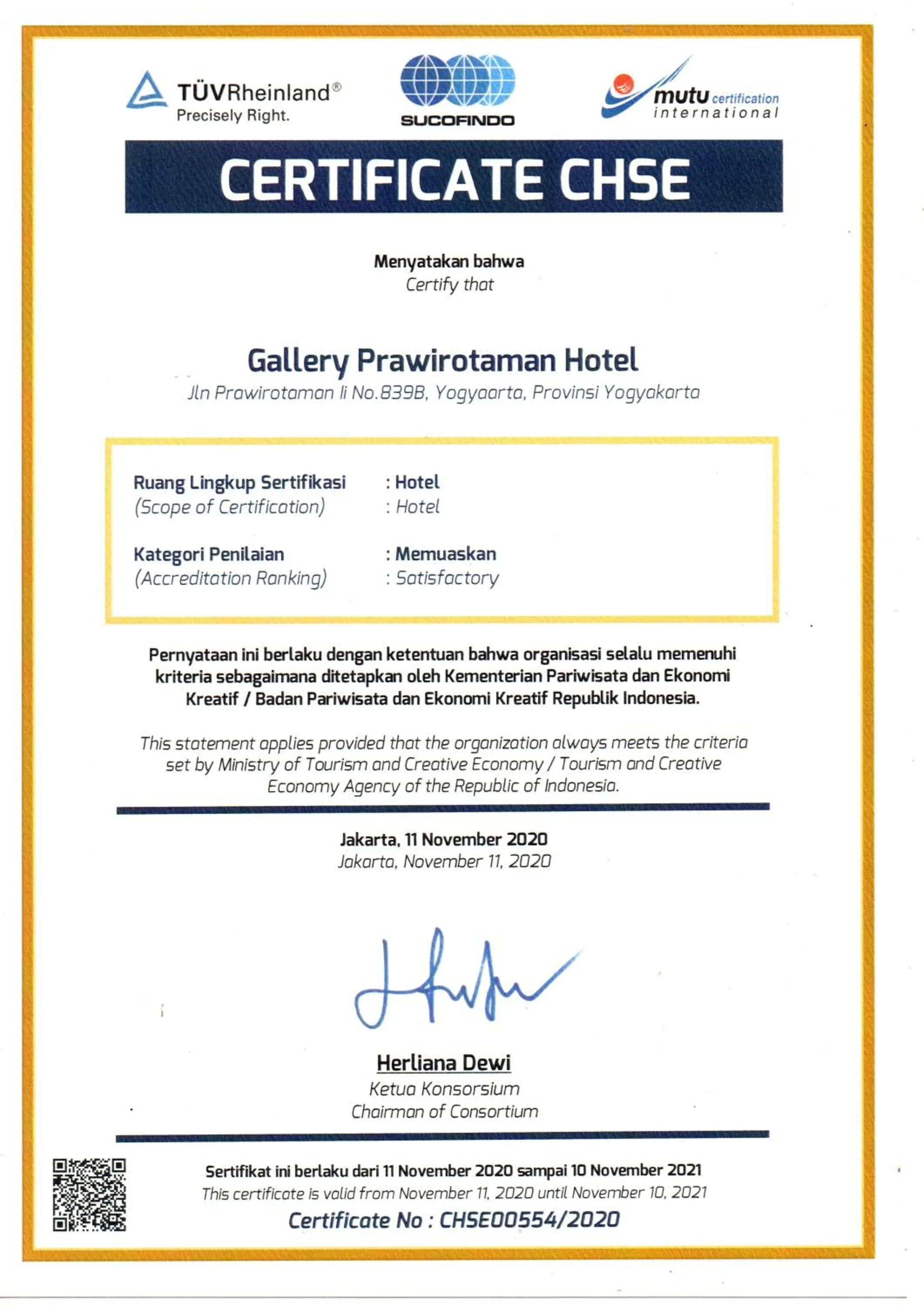 Certificate/Award in Gallery Prawirotaman Hotel