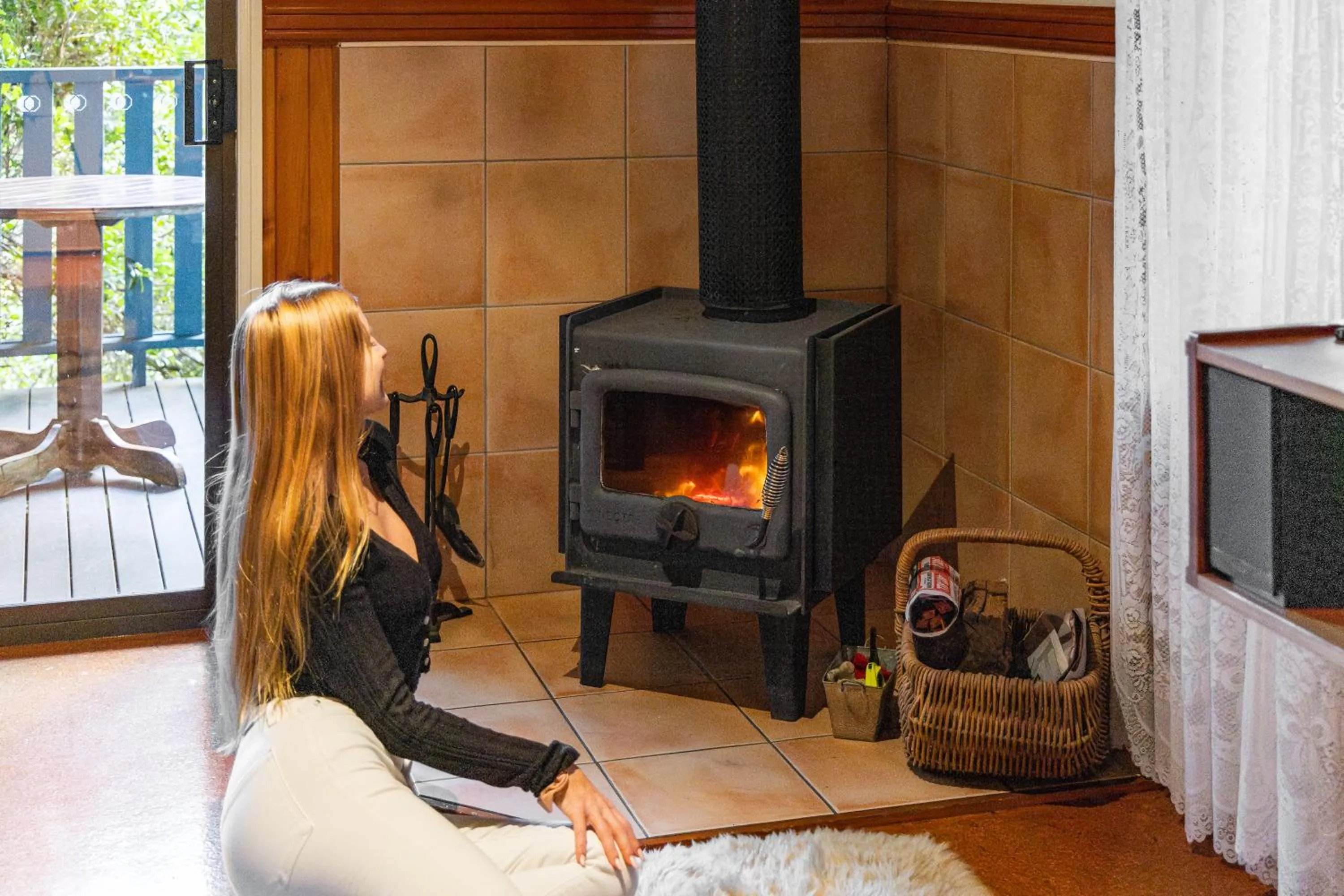 fireplace in Montville Country Cabins