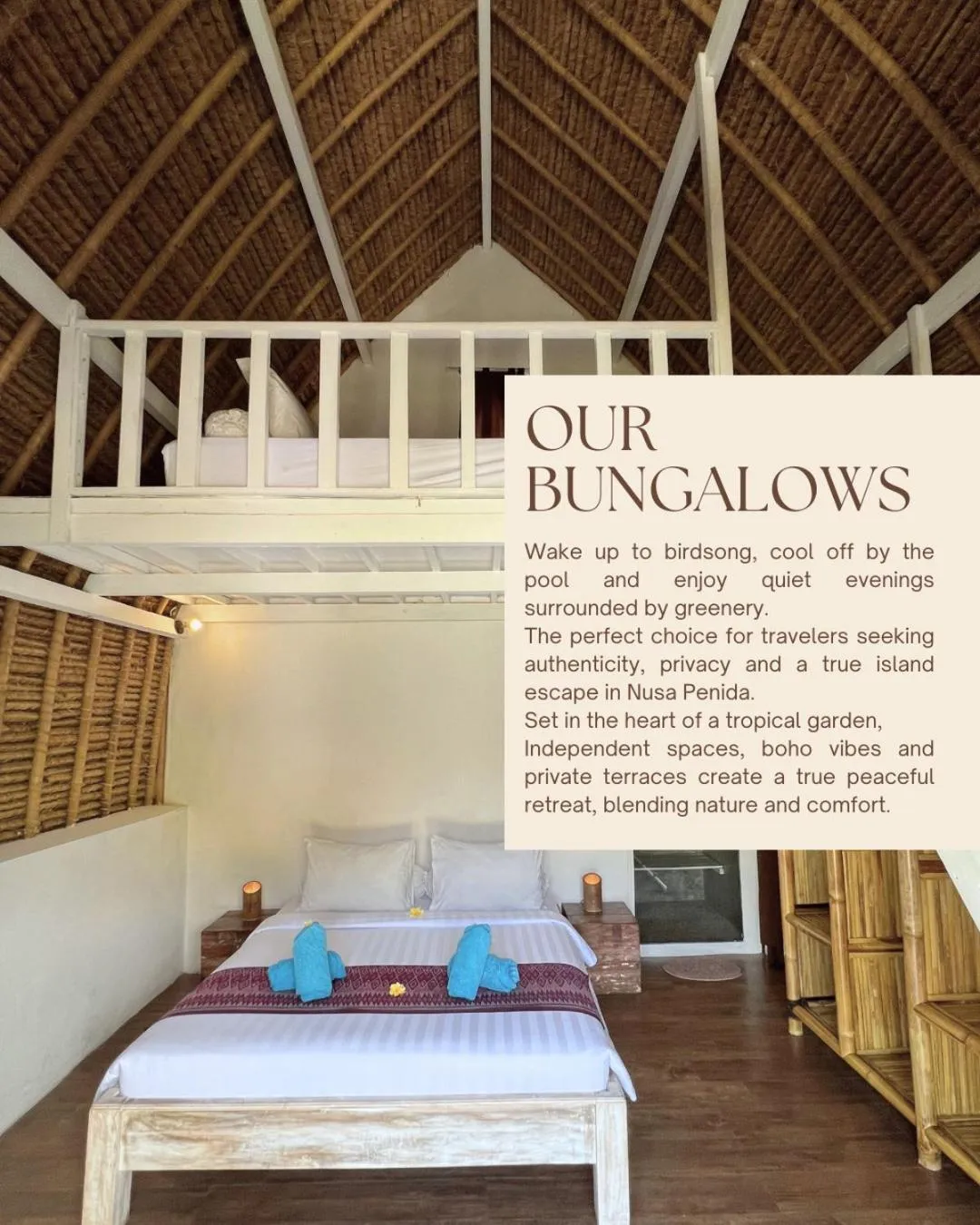 Bed in Namaste Bungalows Resort