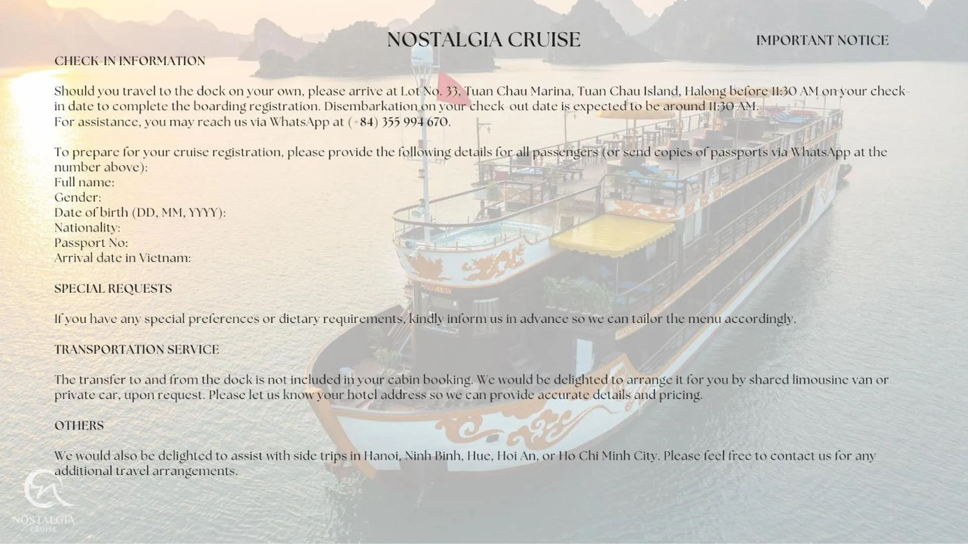 Text overlay in Nostalgia Halong Cruise