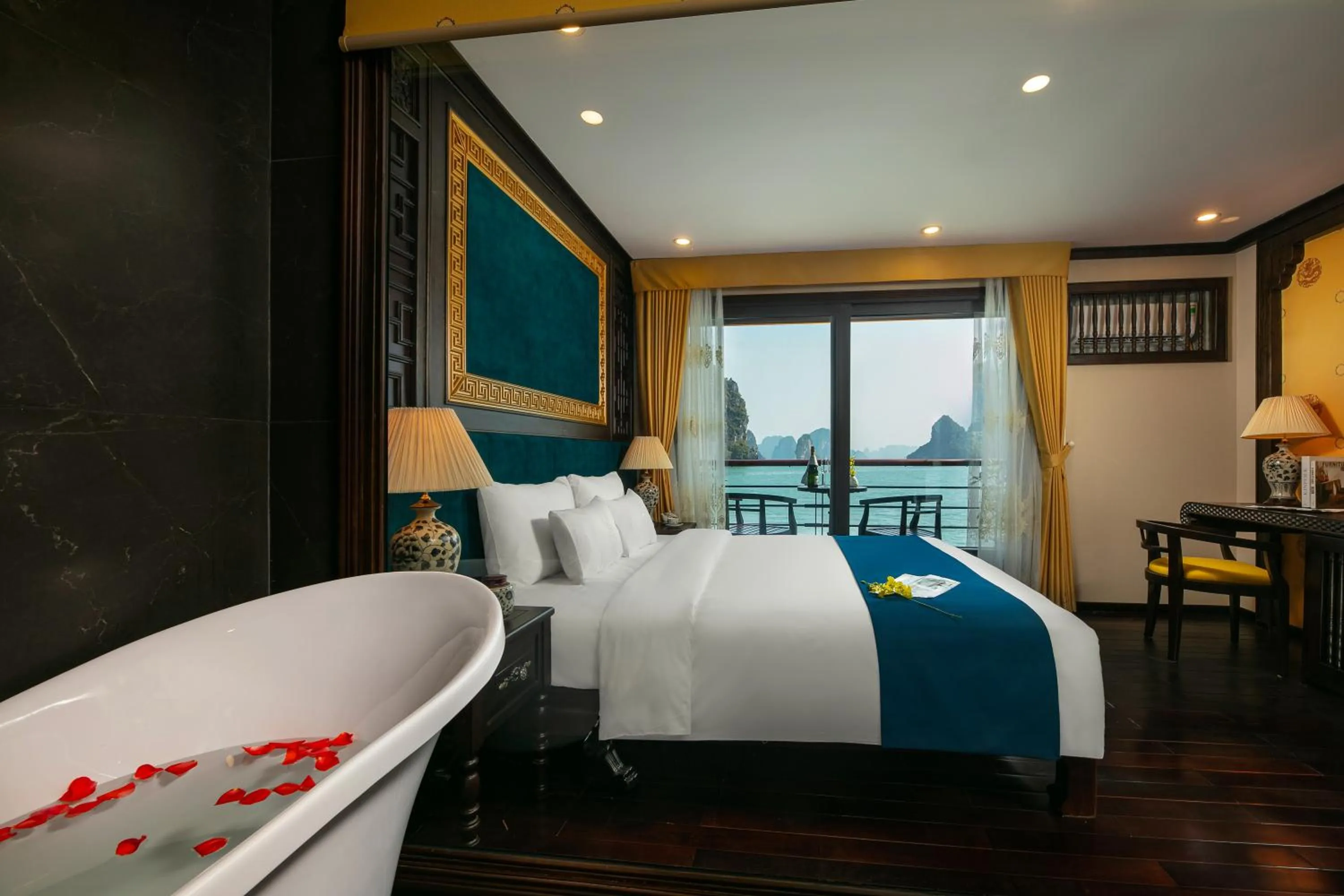 Photo of the whole room, Bed in Nostalgia Halong Cruise