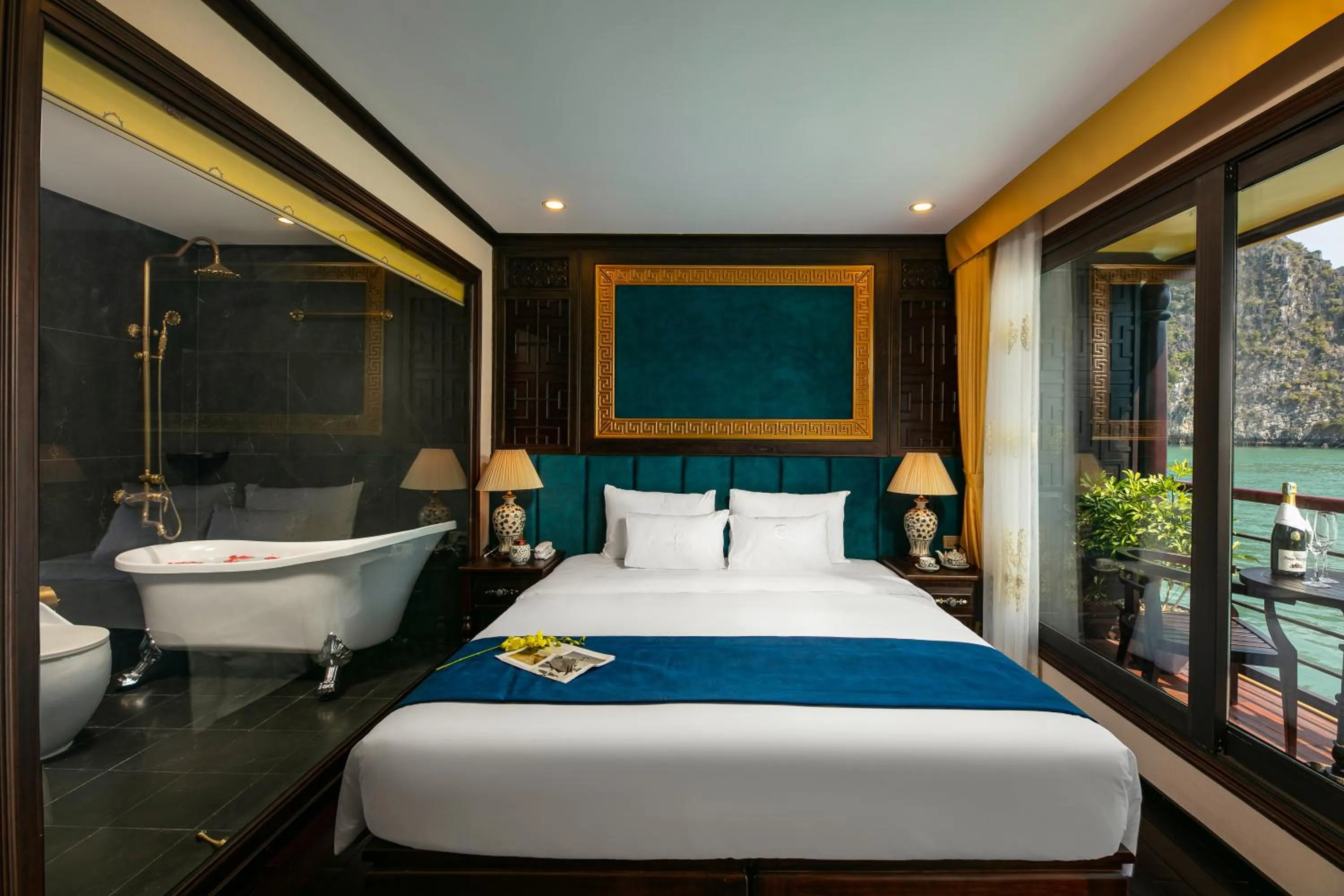 Photo of the whole room, Bed in Nostalgia Halong Cruise