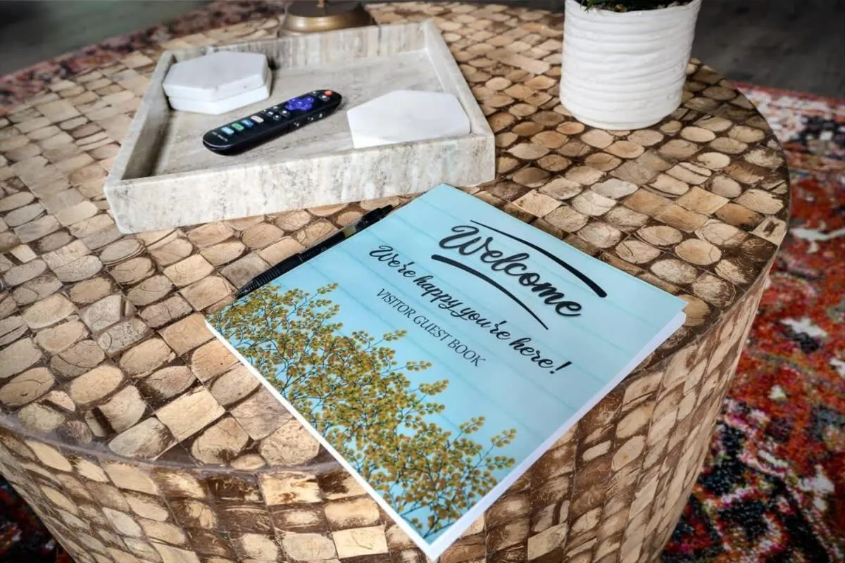 Text overlay in Modern decor, Hot Tub, Fire Pit & River Access!