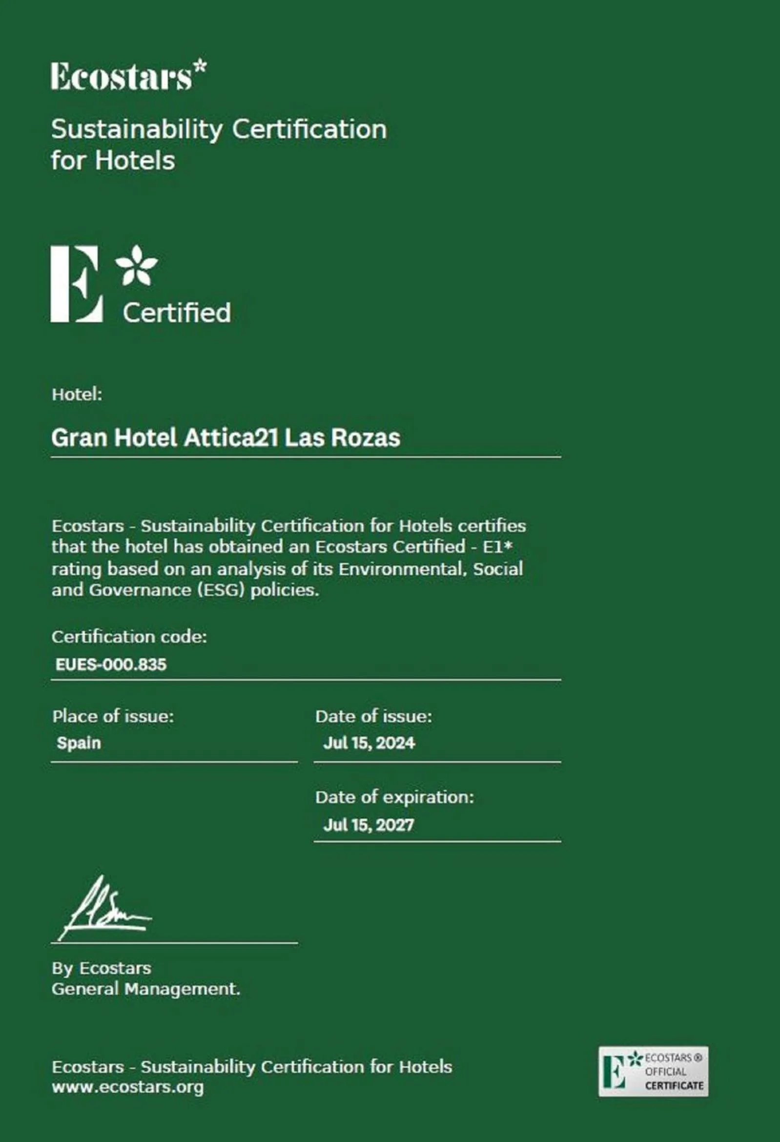 Certificate/Award in Hotel Attica21 Las Rozas