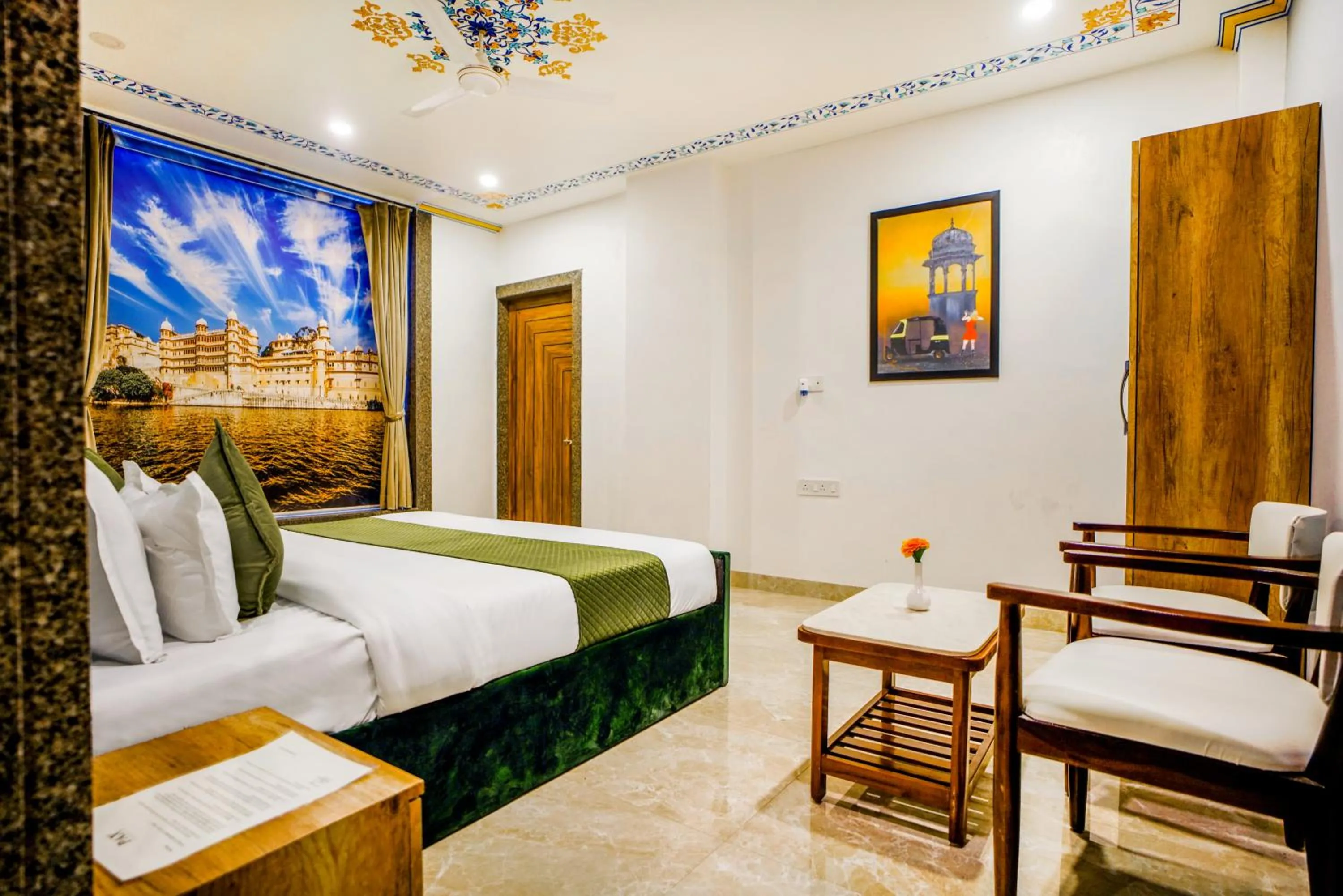View (from property/room), Bed in Pax Hotel Grand Blue 3 min walk from Udaipur city Railway Station