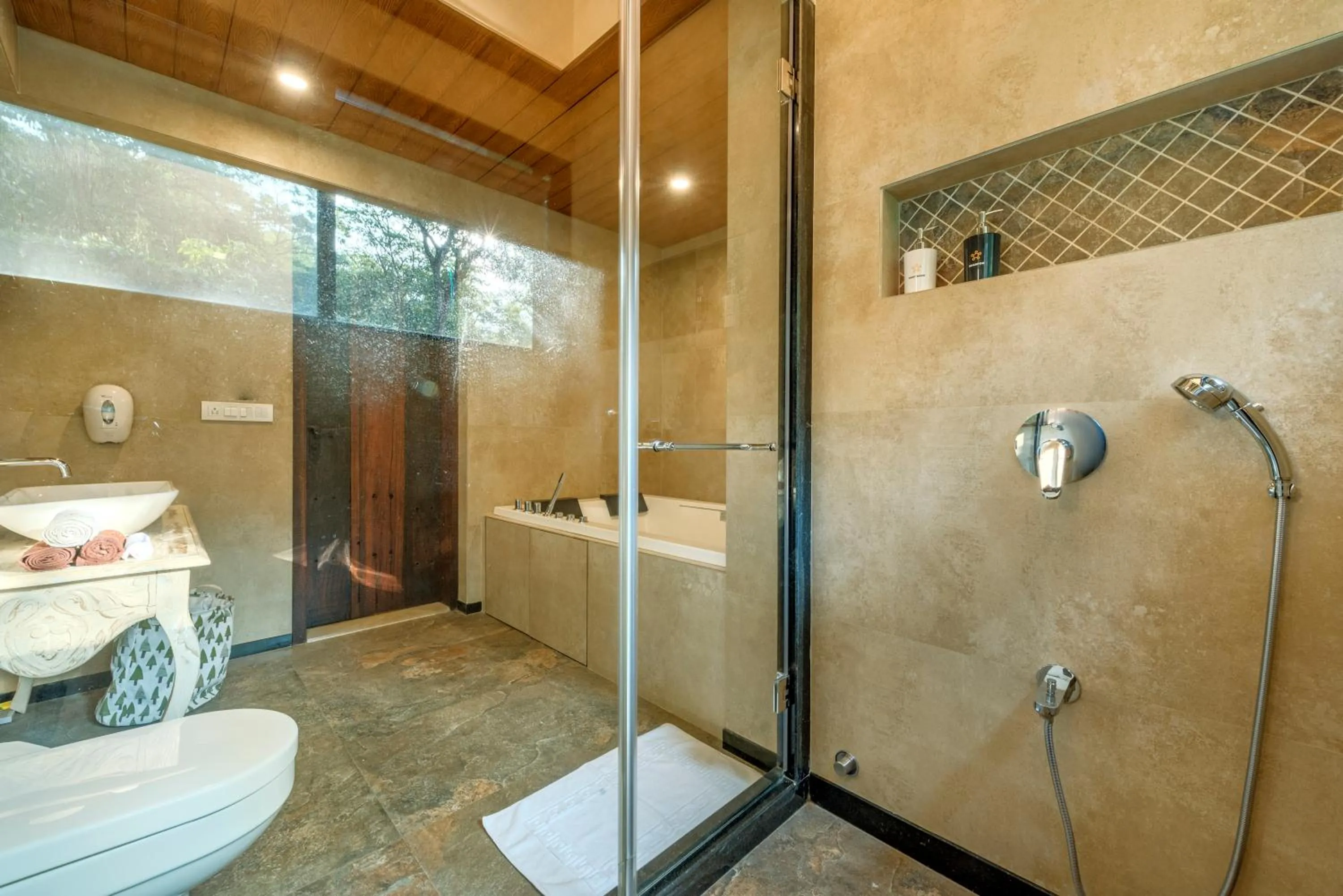 Shower in SaffronStays Althea - 4BR veg-only luxury villa with pool, jacuzzis, gourmet meals and Lohagad-Pawna lake views