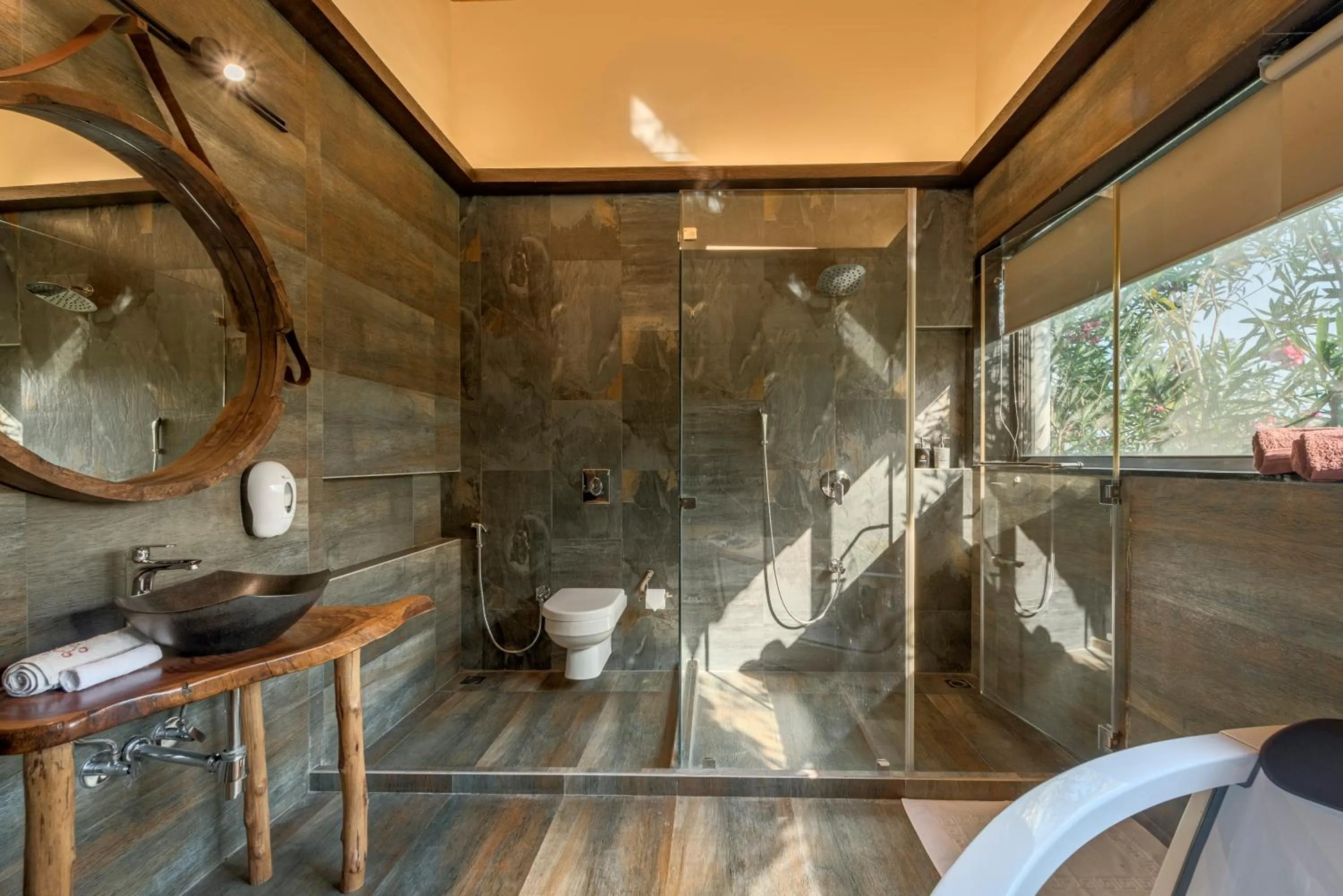 Shower in SaffronStays Althea - 4BR veg-only luxury villa with pool, jacuzzis, gourmet meals and Lohagad-Pawna lake views