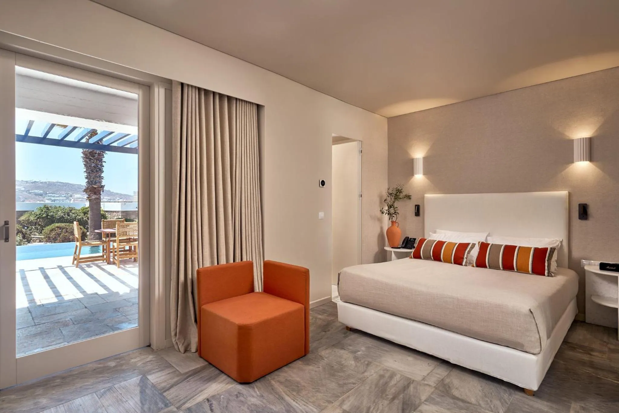 View (from property/room), Bed in Mykonos Theoxenia, a Member of Design Hotels