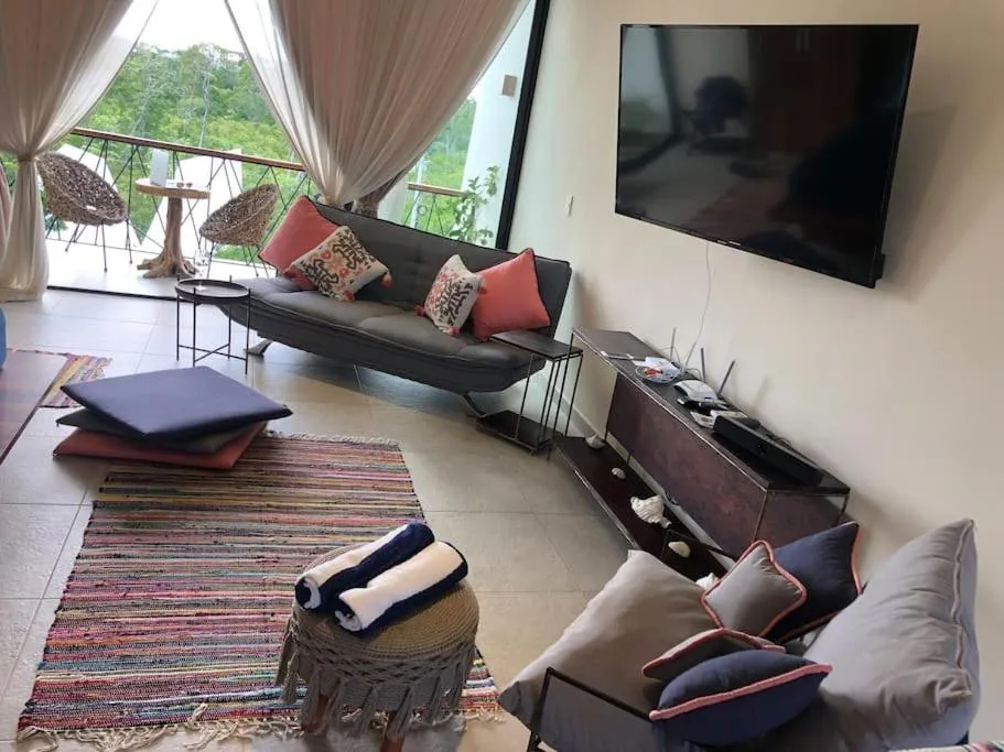 TV and multimedia in Near Beach+Jungle Views. King bed+220 megs+2 bikes