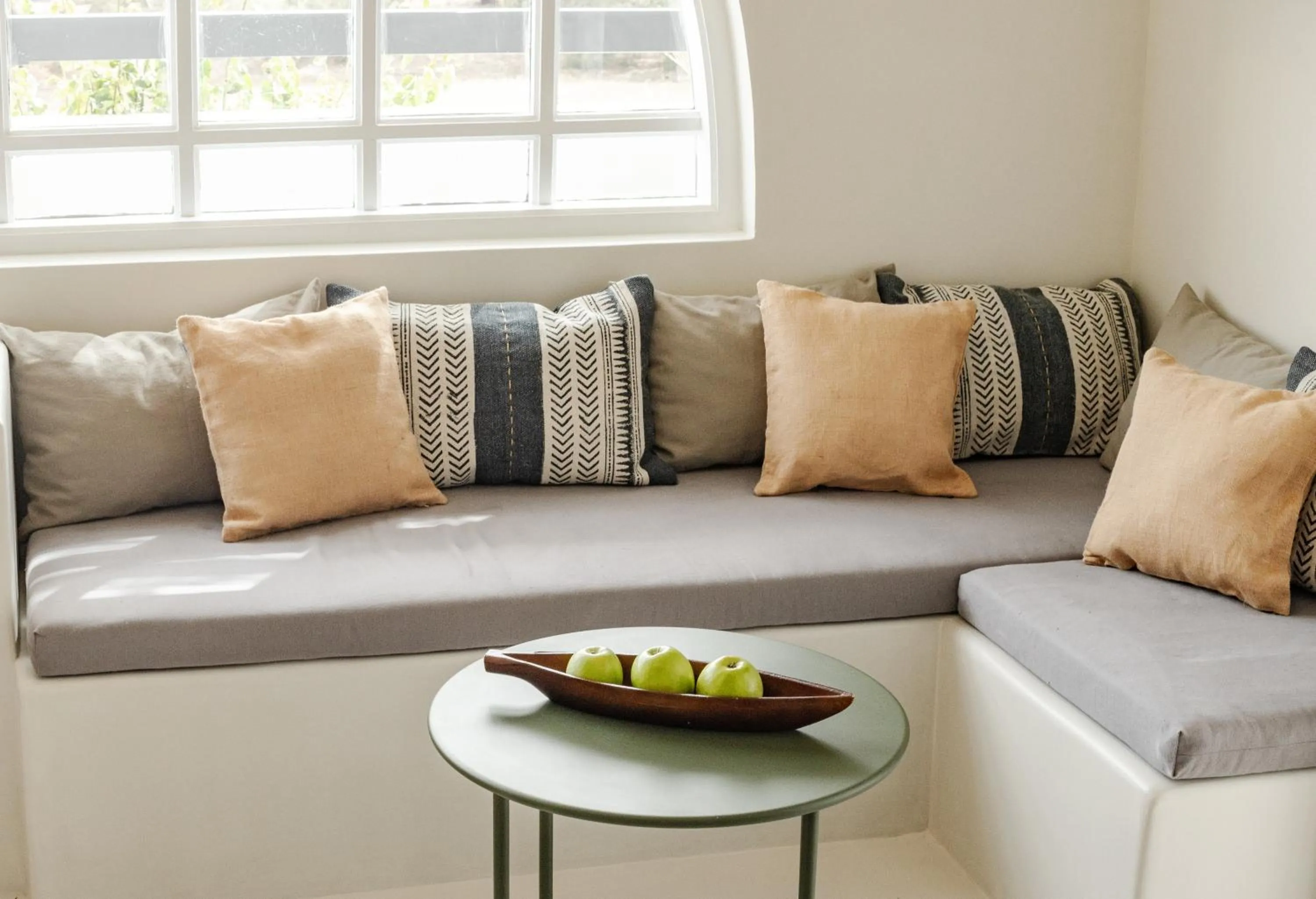 Seating area in Scorpios Beach Santorini