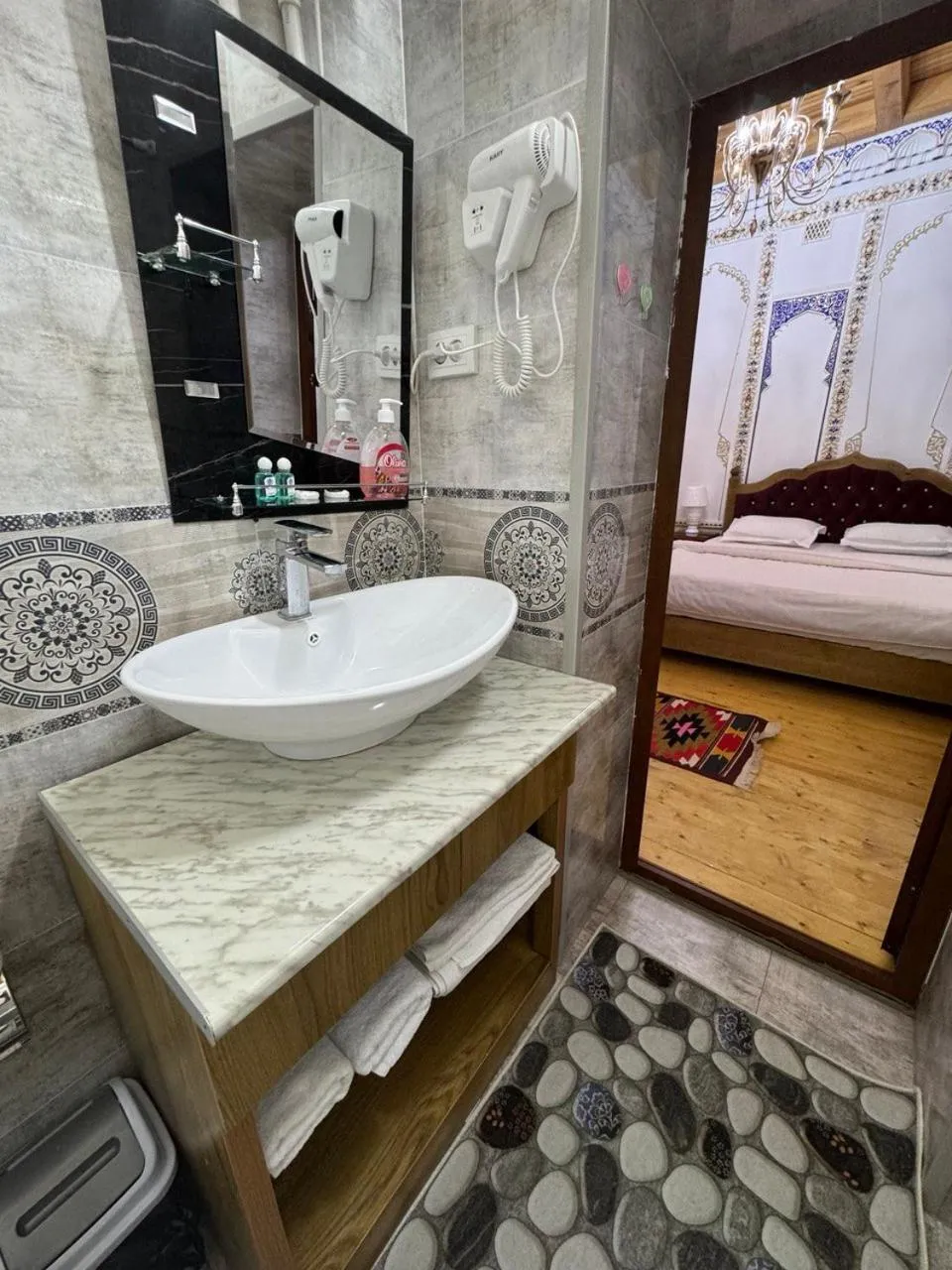 Bathroom, Bed in Central Asia Hotel