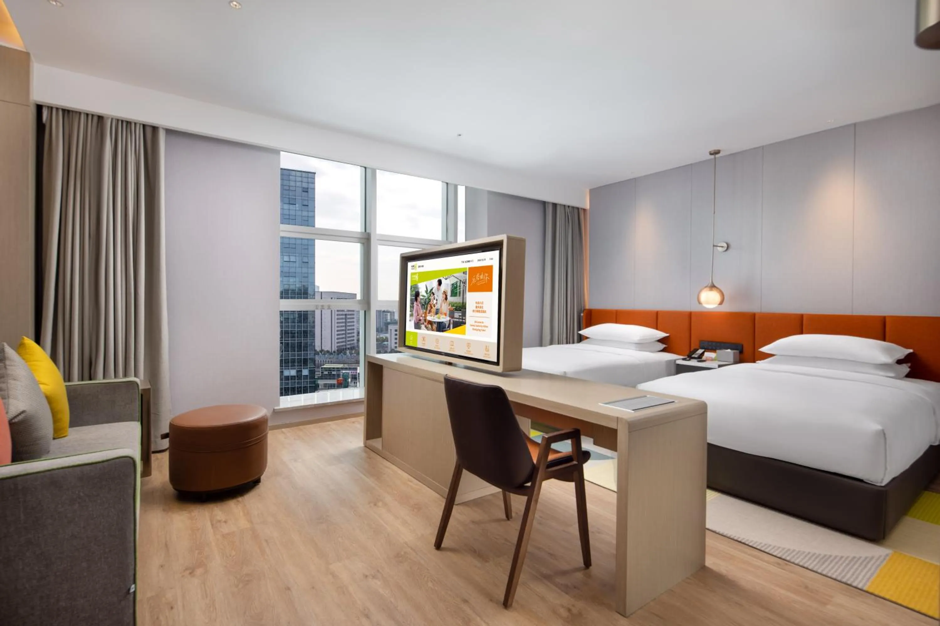 Communal lounge/ TV room, Bed in Home2 Suites by Hilton Chongqing Yubei