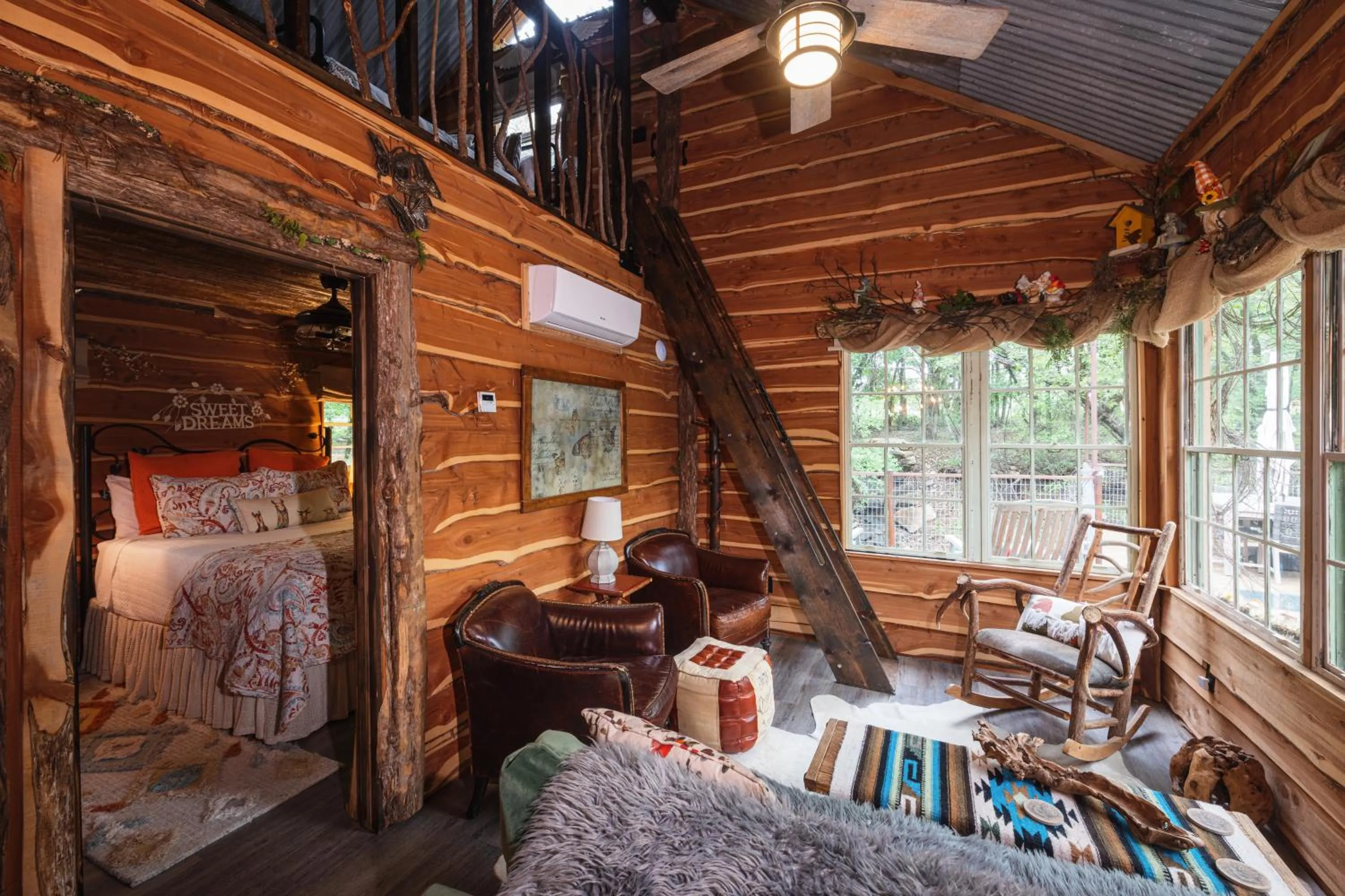 Hobbit Treehouse with waterfall on the Brazos River! 350 acres! Tubing! Petting zoo!