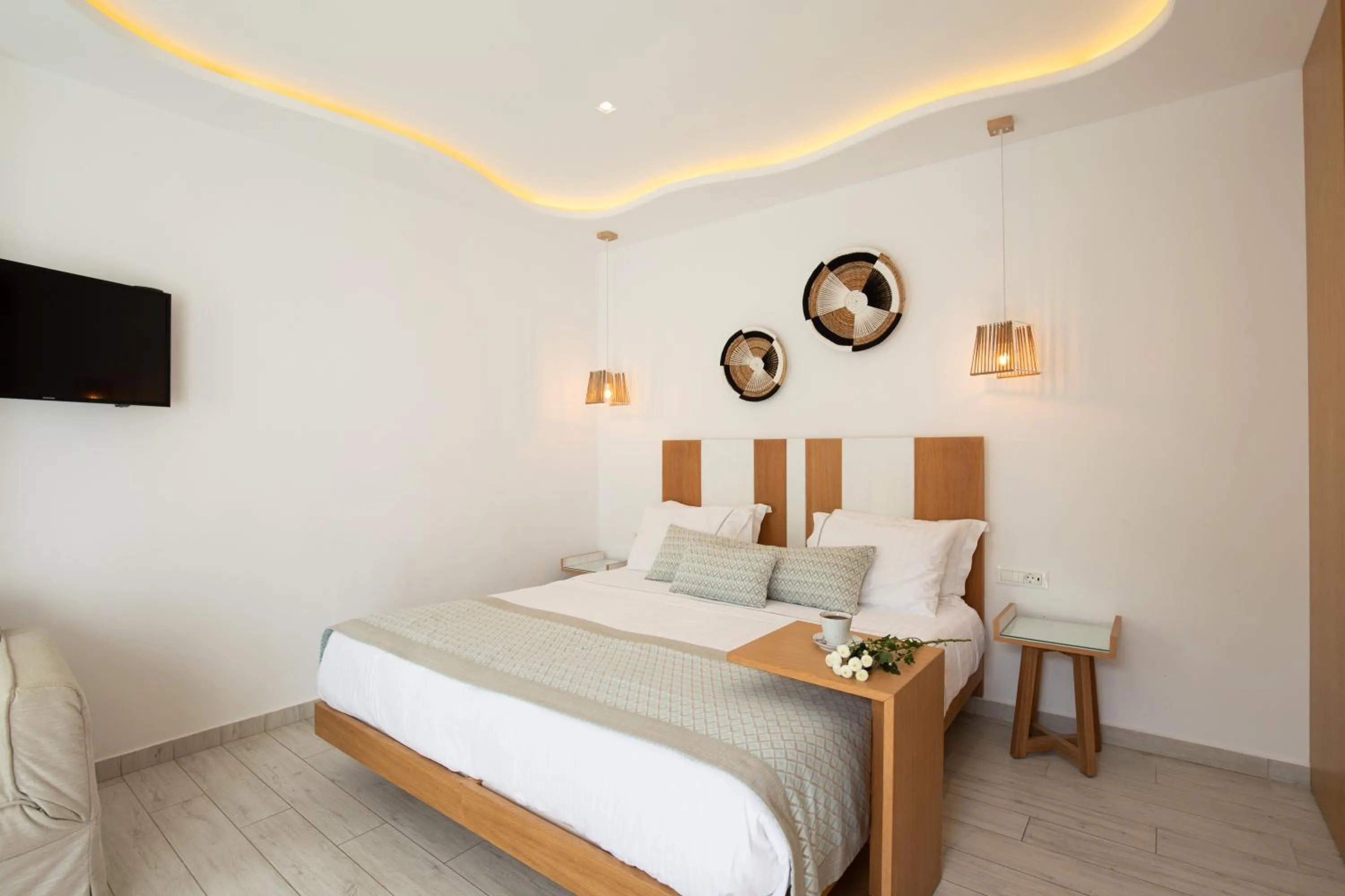 Bed in Damianos Mykonos Hotel