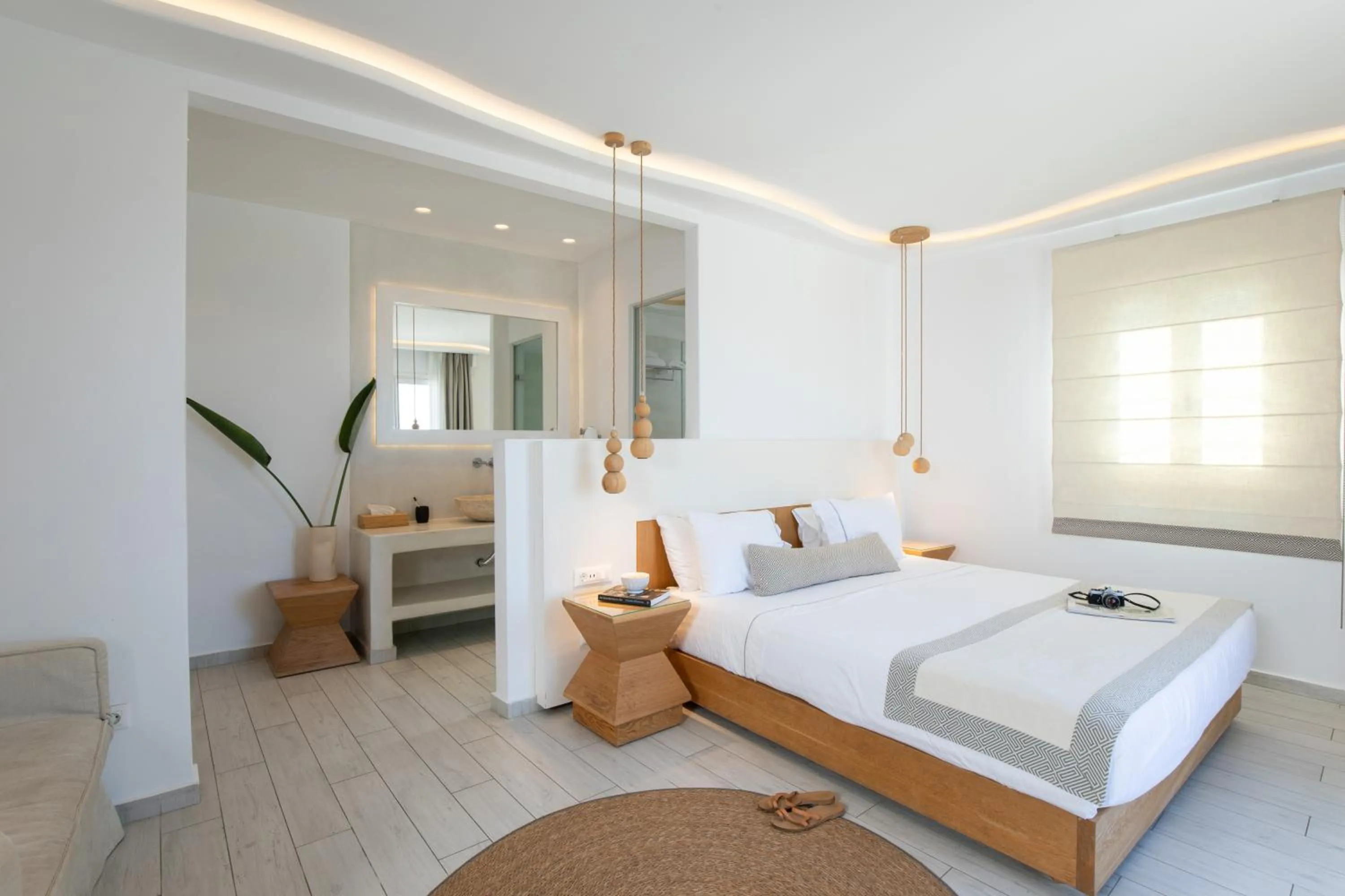 Bed in Damianos Mykonos Hotel