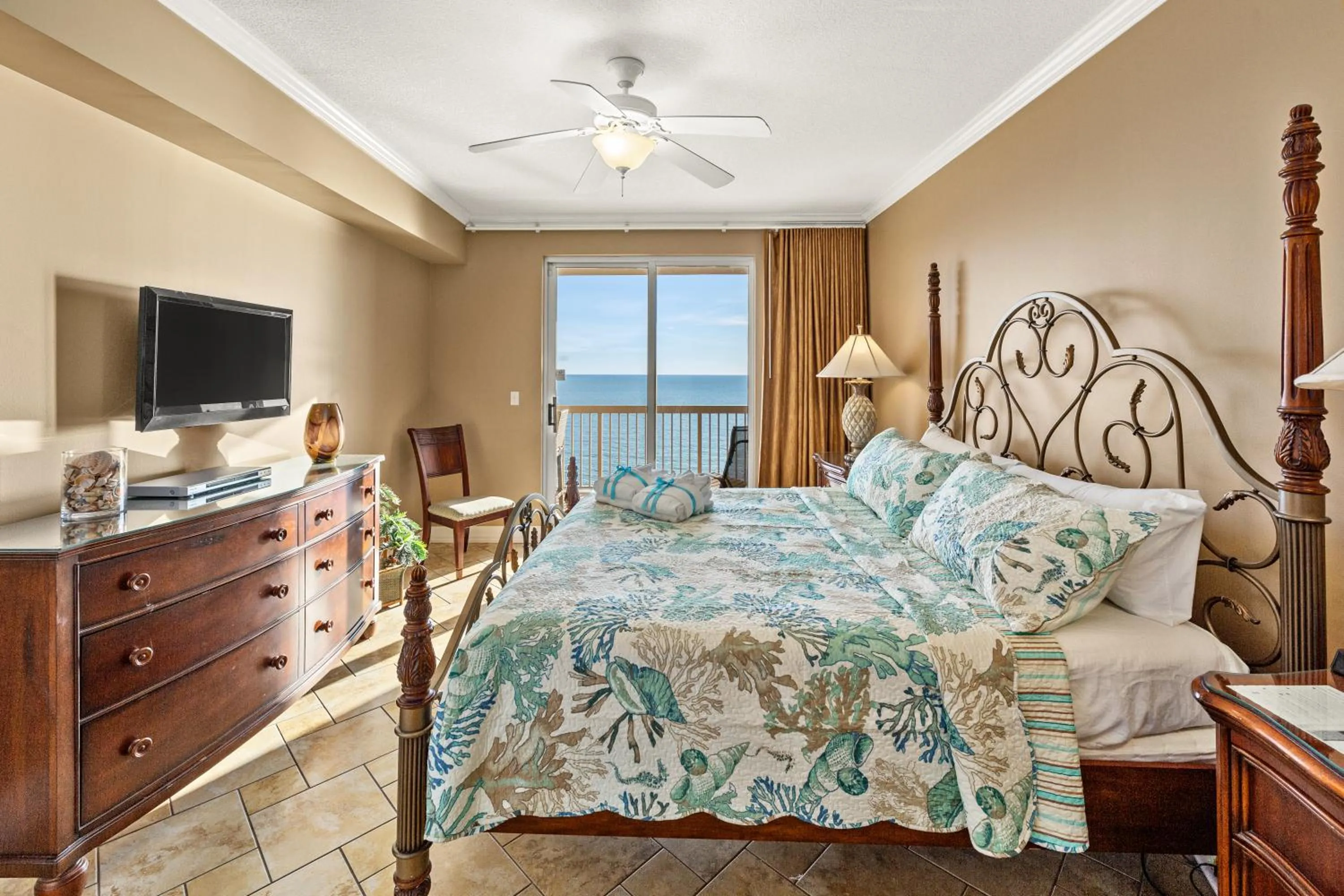 Bed in Gulf Front Master Bedroom, 2 Pools & Hot Tubs, Sleeps 8