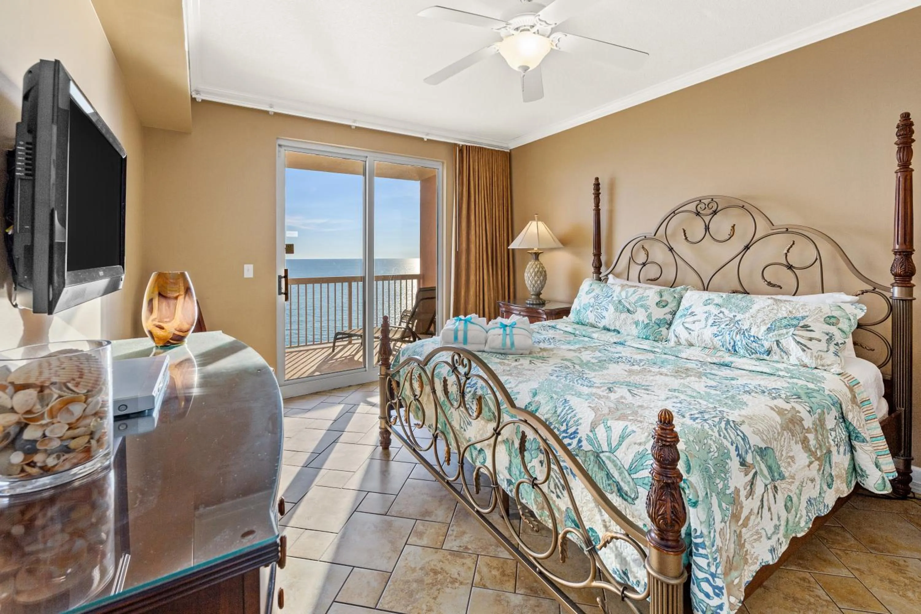 Bed in Gulf Front Master Bedroom, 2 Pools & Hot Tubs, Sleeps 8