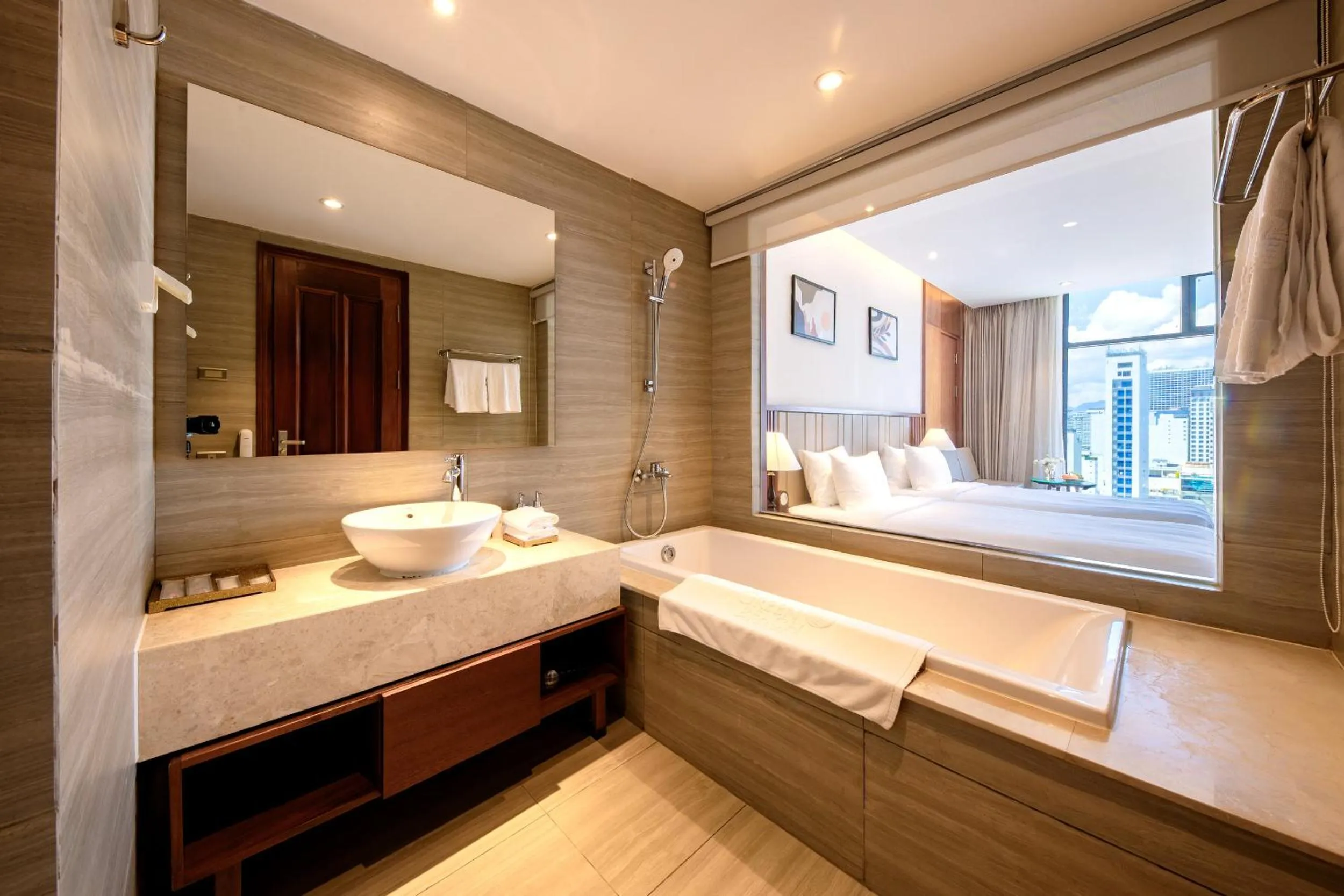 Bathroom, Bed in Green Beach Hotel Nha Trang