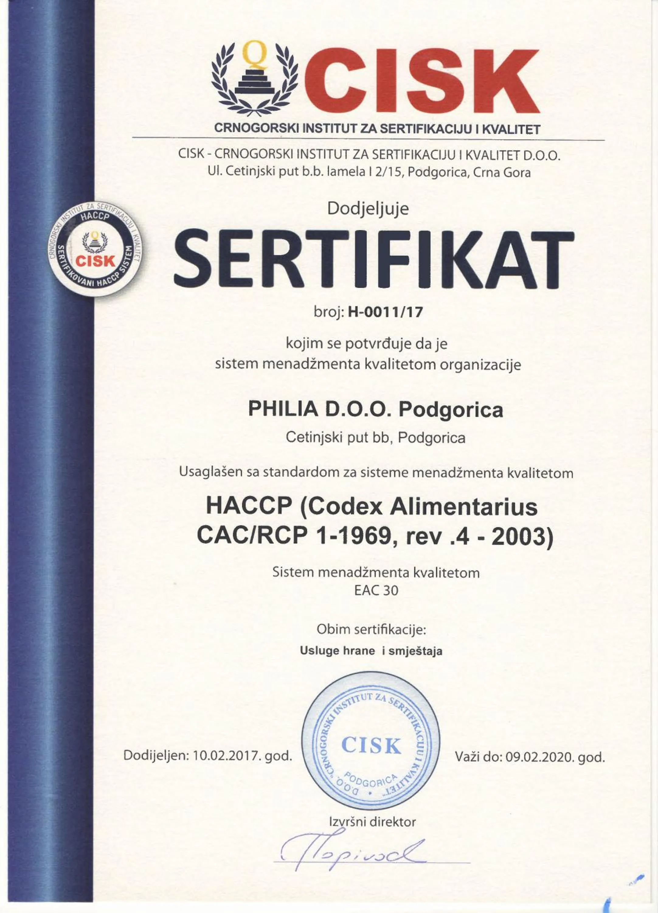 Certificate/Award in Philia Hotel