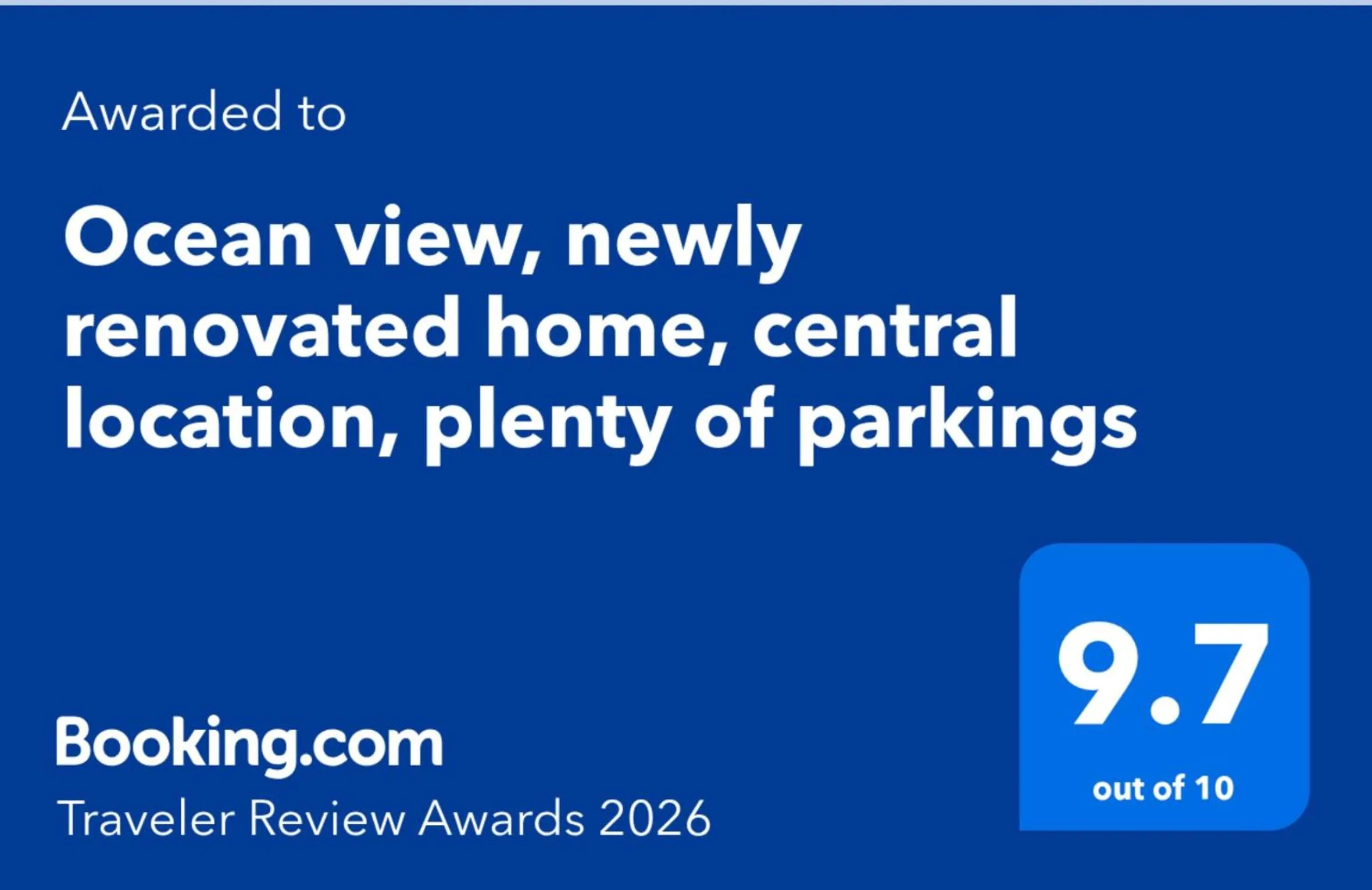 Certificate/Award in Ocean view, newly renovated home, central location, plenty of parkings