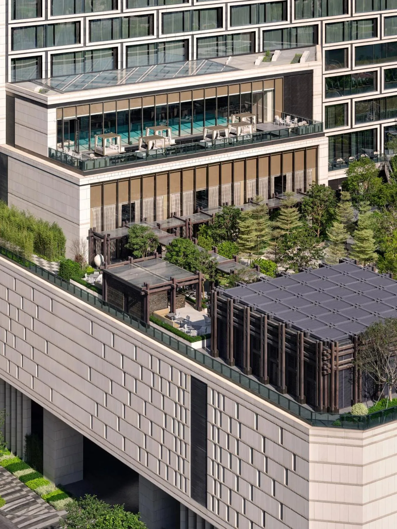 Property building in Conrad Shenzhen, the first art museum hotel in Greater Bay Area with the stunning bay and sunset view in the hotel terrace