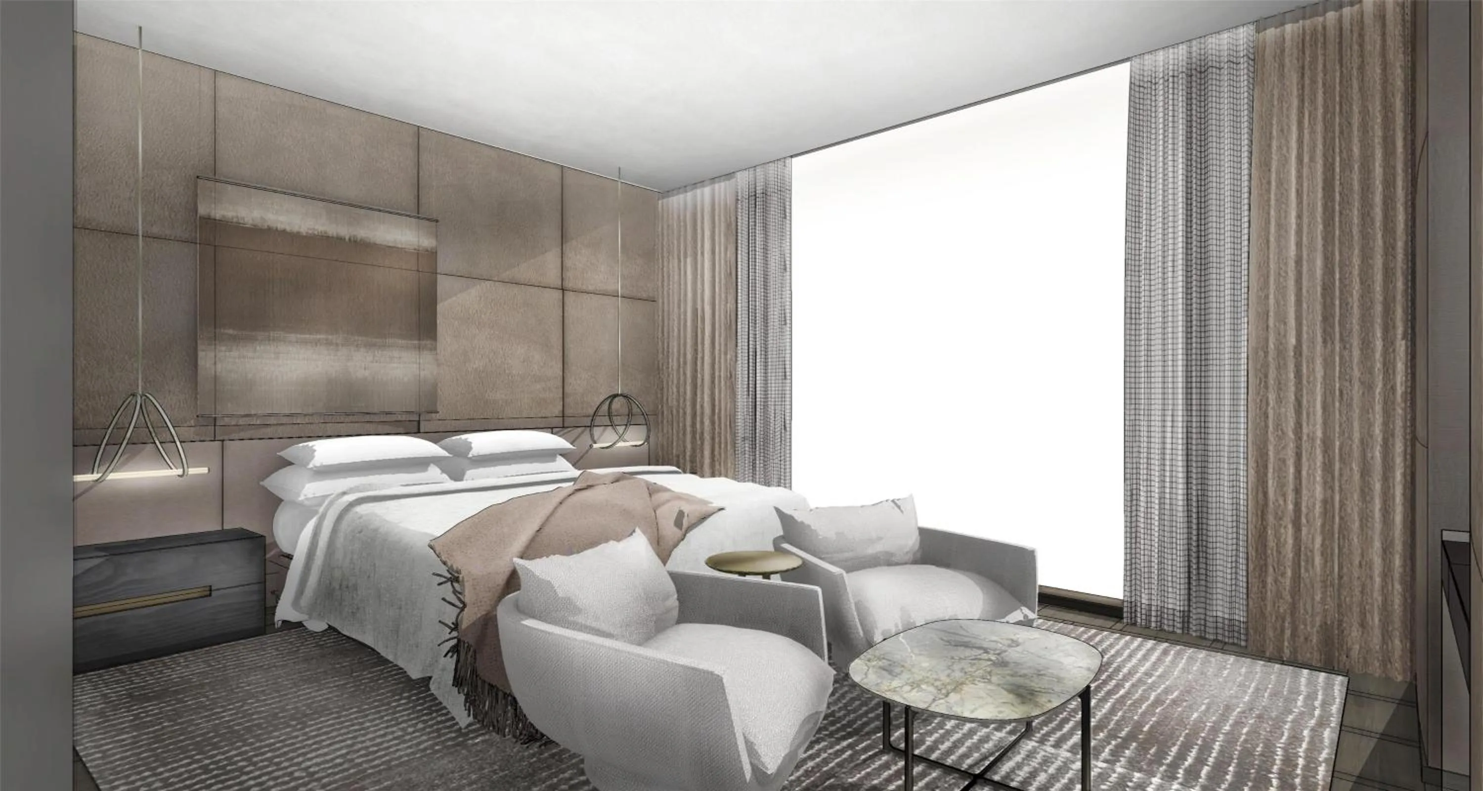 Bed in Conrad Shenzhen, the first art museum hotel in Greater Bay Area with the stunning bay and sunset view in the hotel terrace