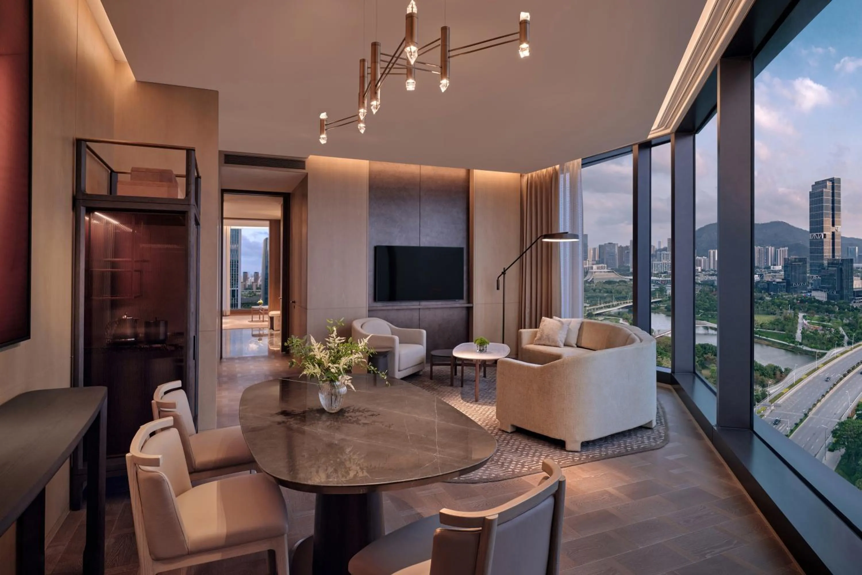 River view in Conrad Shenzhen, the first art museum hotel in Greater Bay Area with the stunning bay and sunset view in the hotel terrace