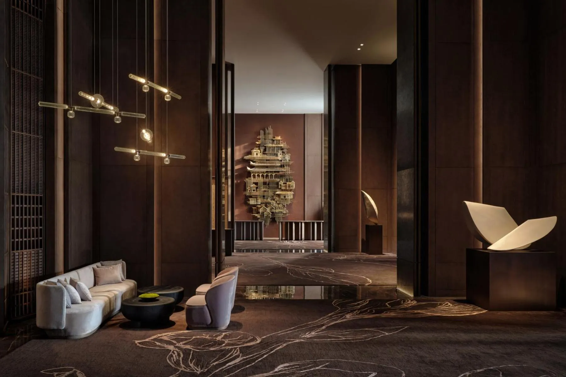 Lobby or reception in Conrad Shenzhen, the first art museum hotel in Greater Bay Area with the stunning bay and sunset view in the hotel terrace