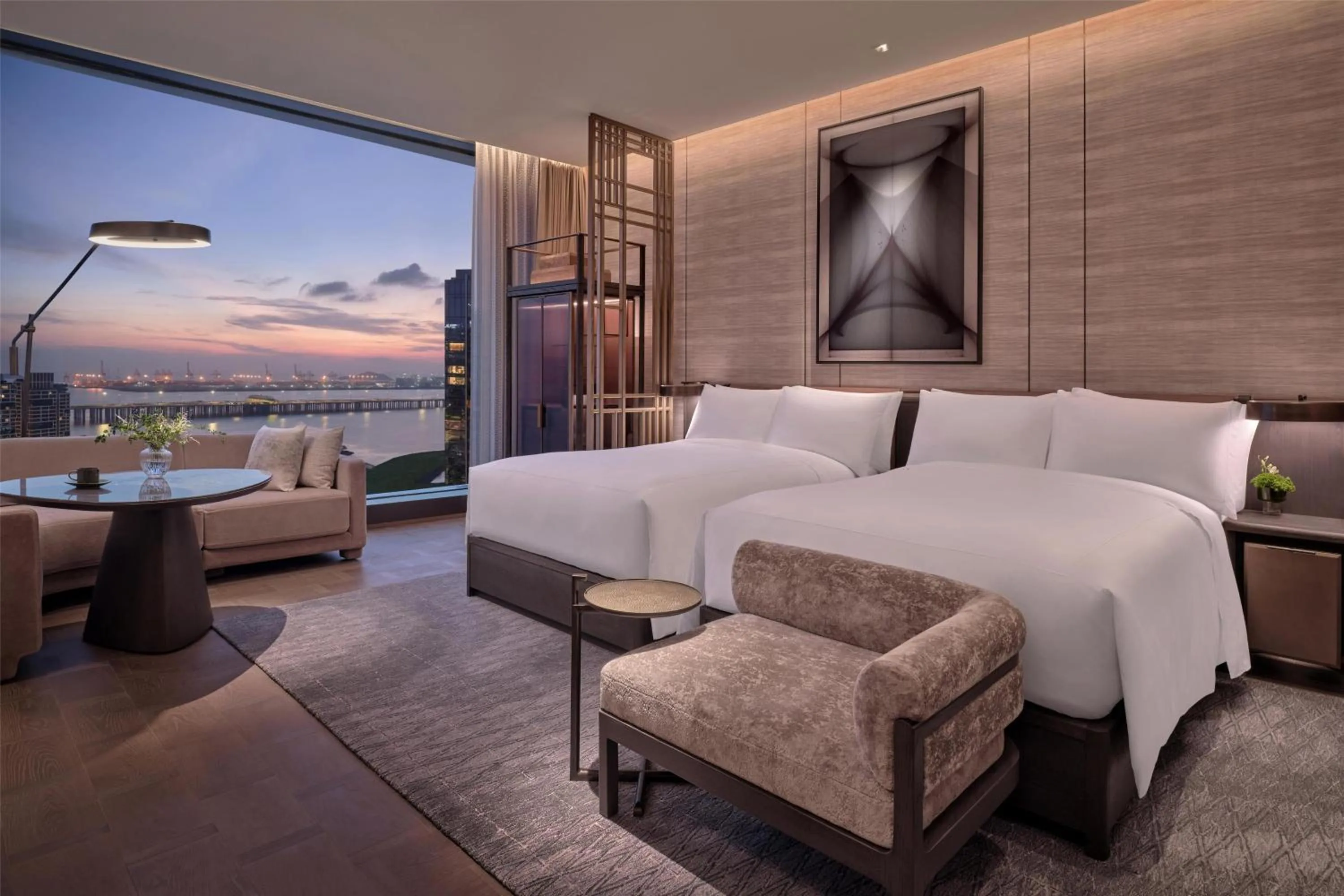 View (from property/room), Bed in Conrad Shenzhen, the first art museum hotel in Greater Bay Area with the stunning bay and sunset view in the hotel terrace