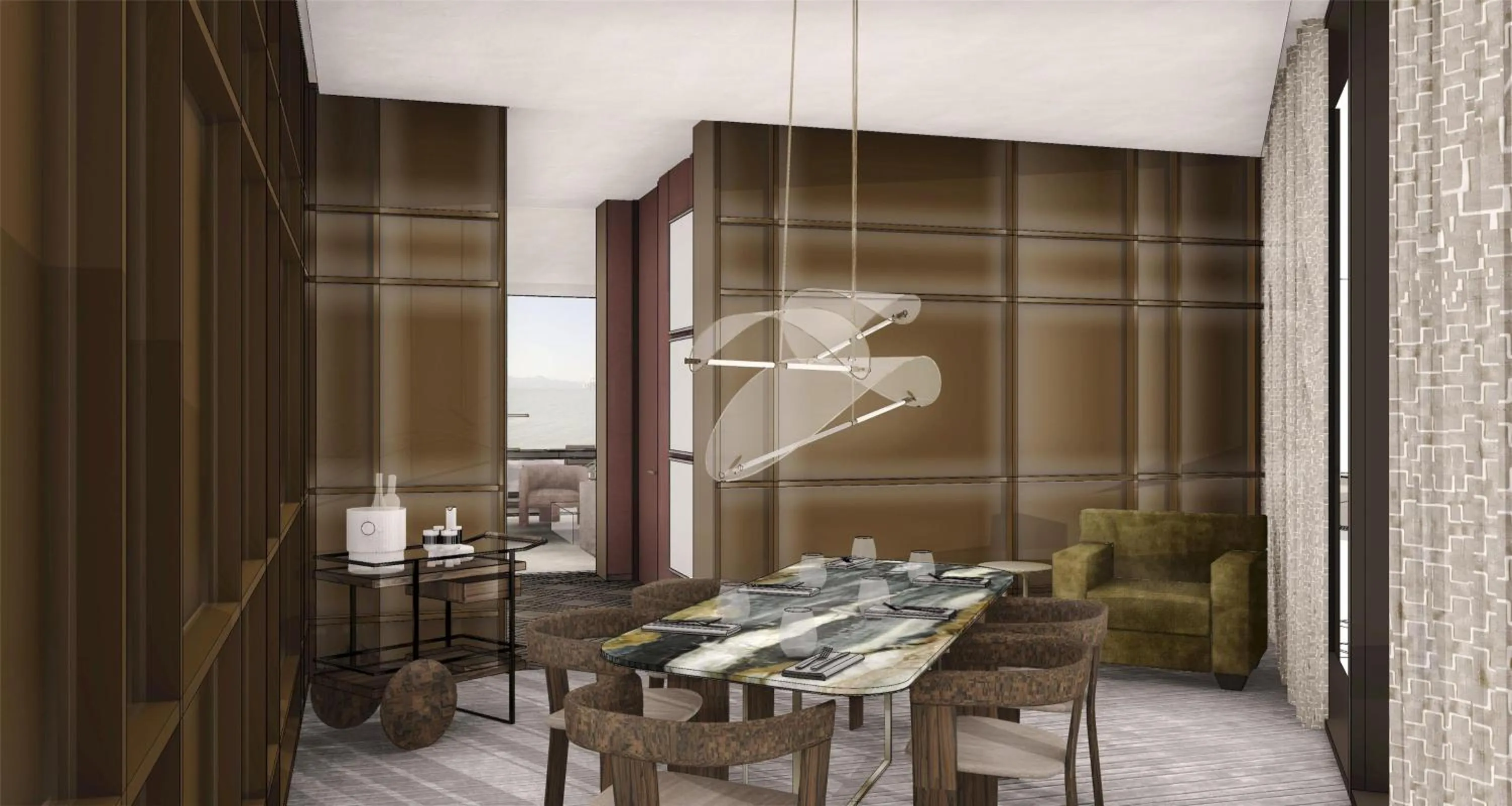 Living room in Conrad Shenzhen, the first art museum hotel in Greater Bay Area with the stunning bay and sunset view in the hotel terrace